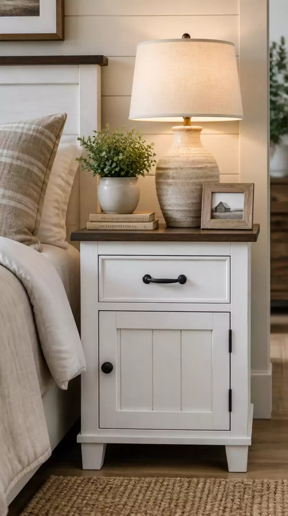 Farmhouse Bedroom White Painted Wooden Nightstand with Black Iron Handle