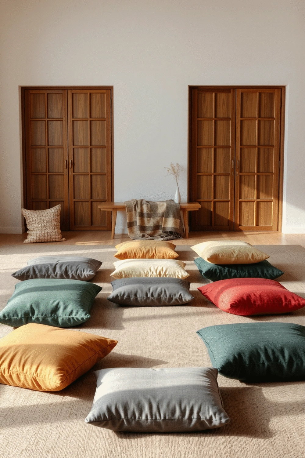 Assortment of floor cushions, a meditation bench, and a folded throw blanket in a serene, uncluttered meditation space, no humans, no people, no hands, no body parts