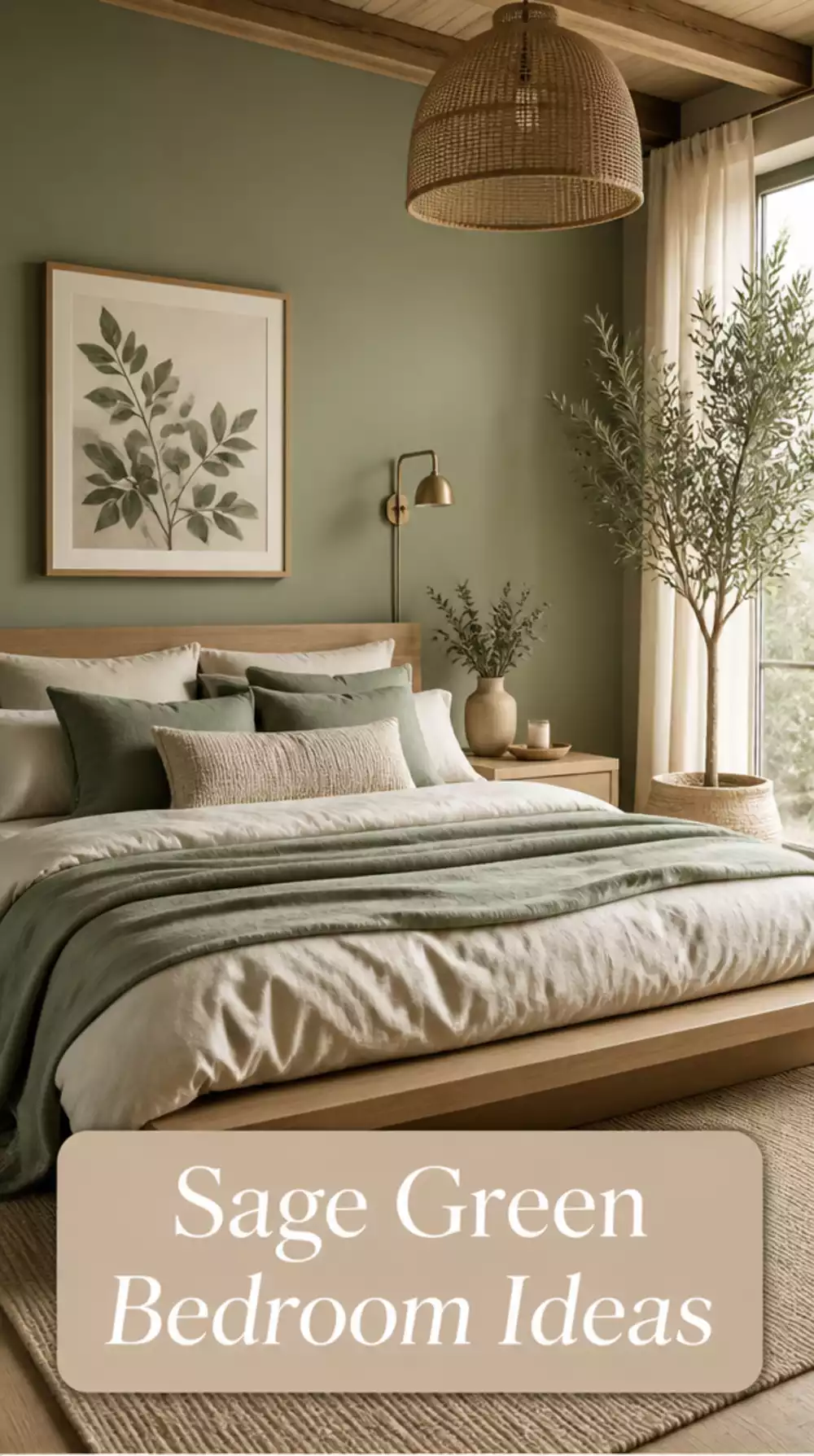 Sage Green Bedroom Accent Wall Behind a Low Platform Bed