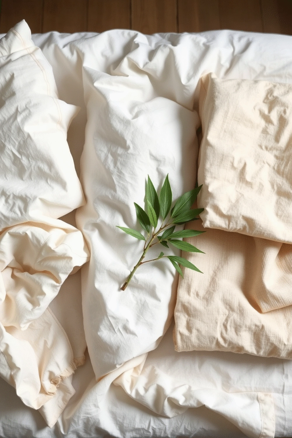 A neatly arranged flat-lay composition of various natural bedding materials, including cotton, linen, and bamboo swatches, alongside a small plant, signifying eco-conscious choices and health.