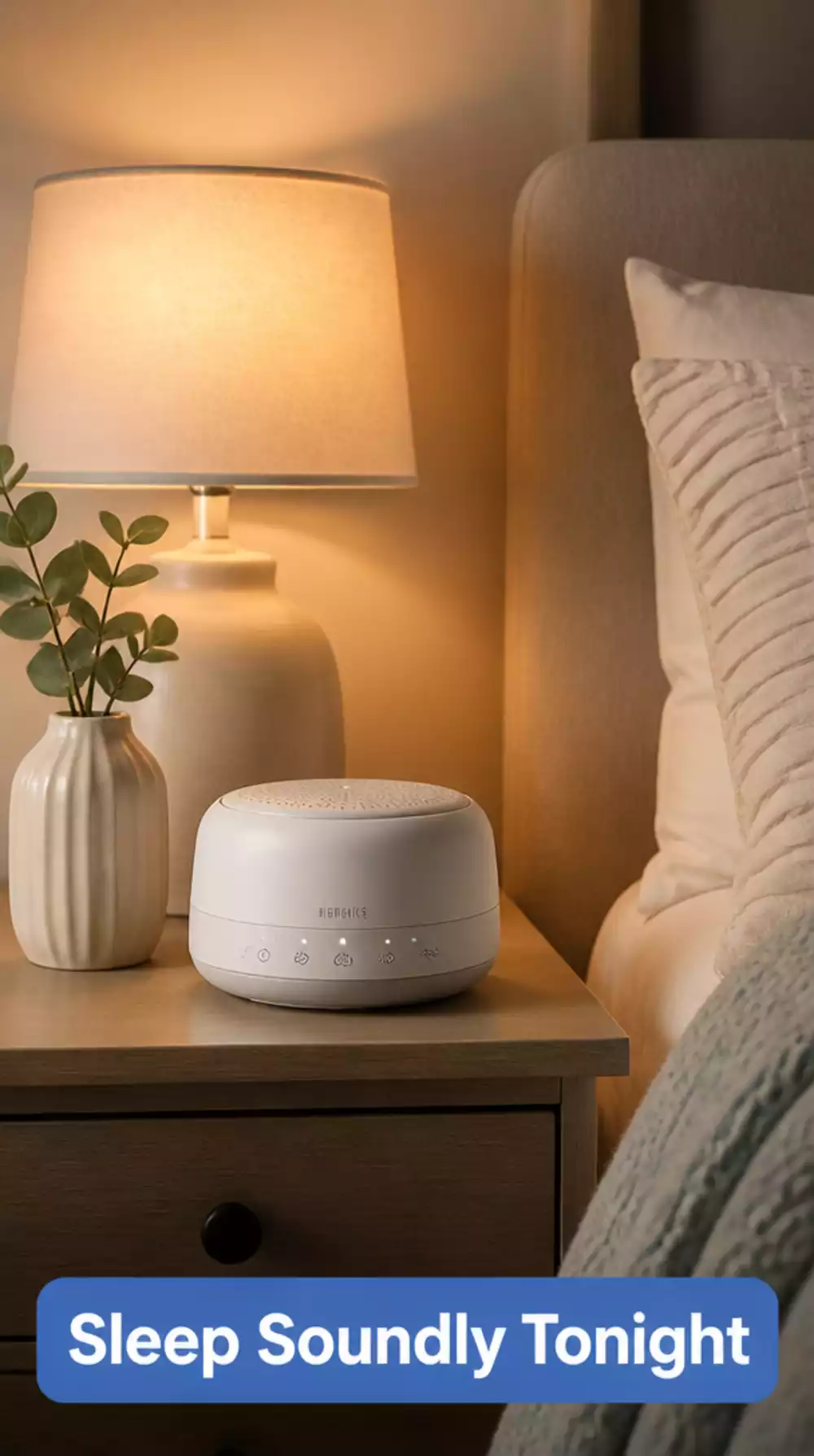 Zen Bedroom White Noise Machine on the Nightstand That Blocks Outside Sound