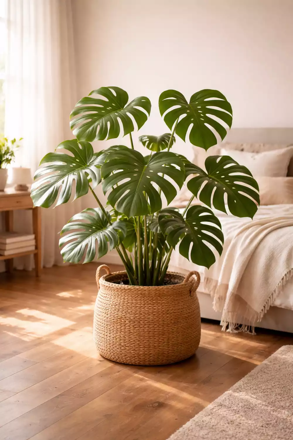 Bedroom Large Statement Monstera Plant in a Woven Basket on the Floor