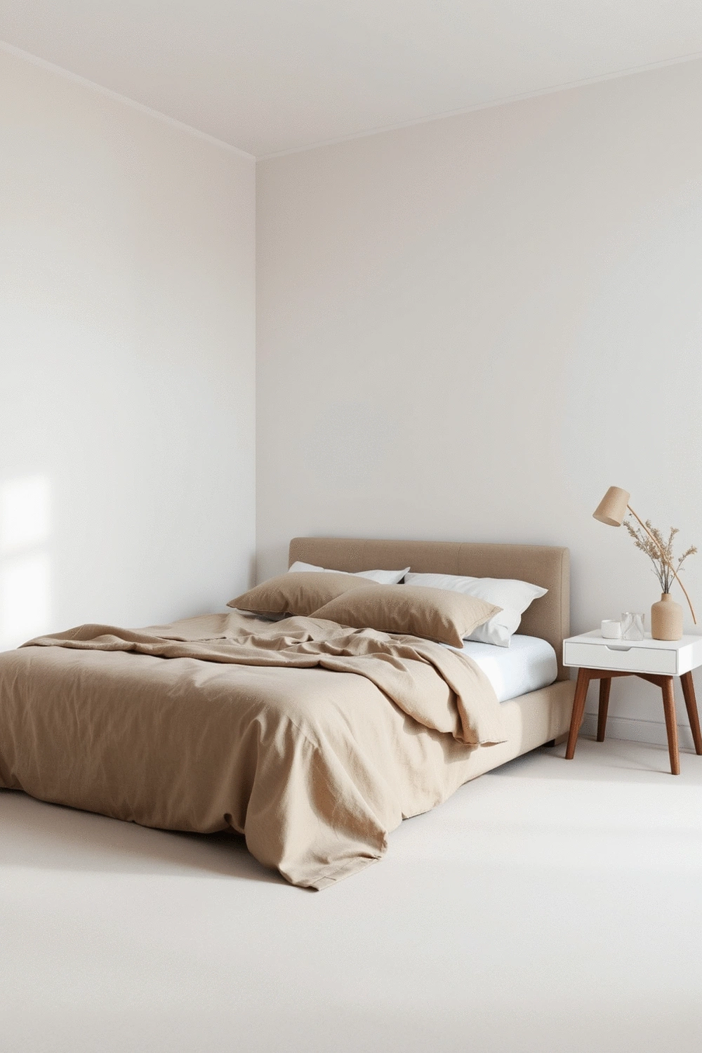 Stylized bedroom interior with soft lighting and neutral color palette, featuring a neatly made bed with layered textiles and a minimalist nightstand.