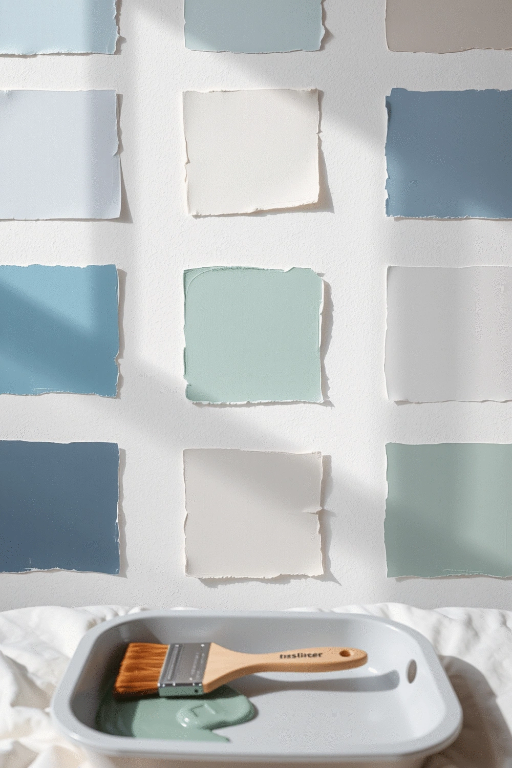 Paint swatches on a bedroom wall, showing different shades of blues and greens under natural light