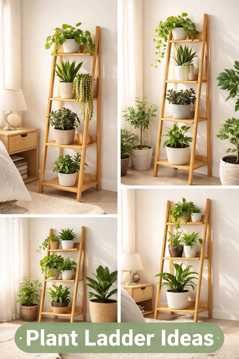 Bedroom Freestanding Bamboo Plant Ladder That Holds Six Pots at Once