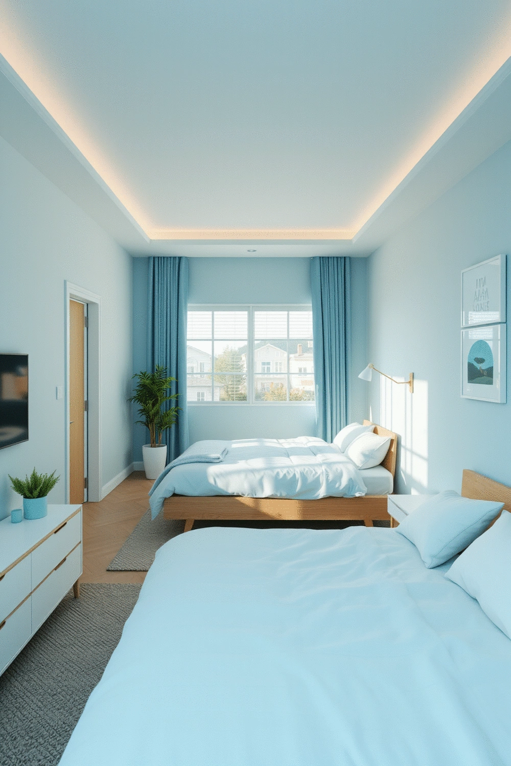 A serene bedroom interior with soft blue and green accents, featuring a neatly made bed and subtle decor, emphasizing a calm color temperature.