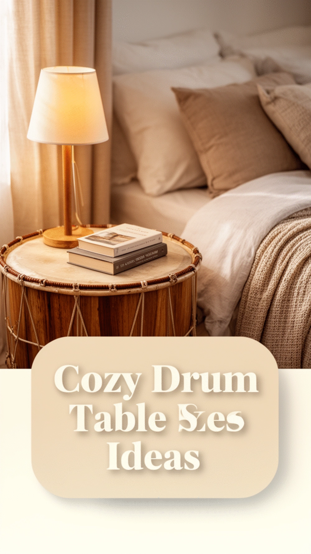 Bedroom Small Wooden Drum Table Nightstand with a Warm Lamp and Book
