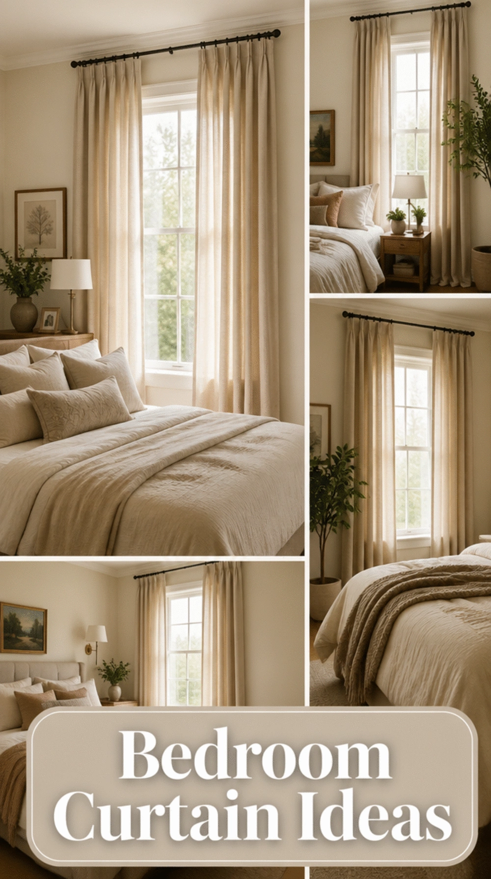 Bedroom Linen Curtain Panels Hung High Above the Window Frame