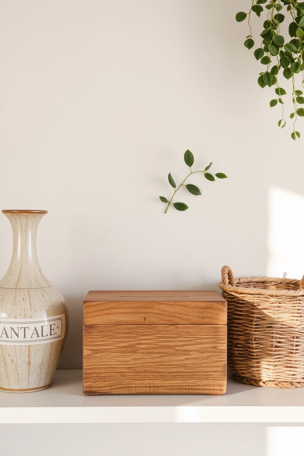 A collection of unique, upcycled decor items on a shelf, including a vintage vase, a repurposed wooden box, and a handmade woven basket, all in soft natural tones.