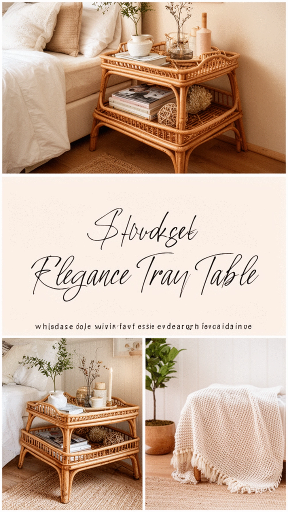 Bedroom Stacked Rattan Tray Table Used as a Budget Nightstand Alternative
