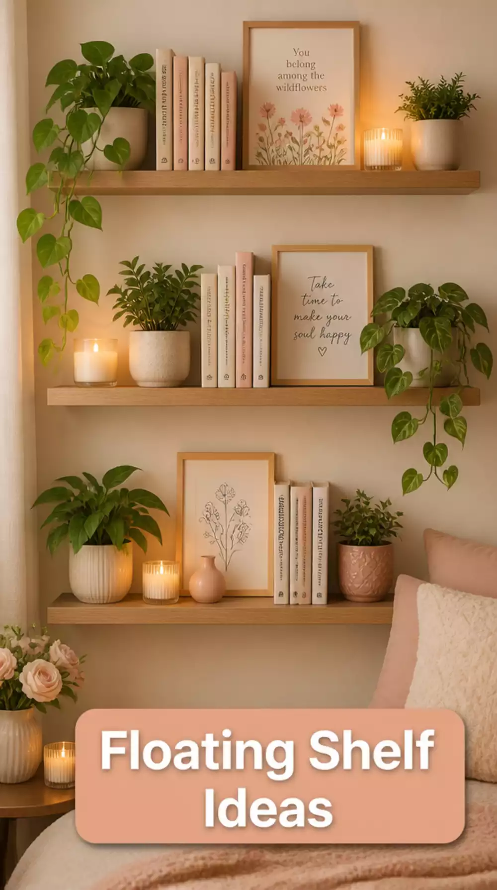 Bedroom Floating Wall Shelf Styled with Books, Plants, and a Candle