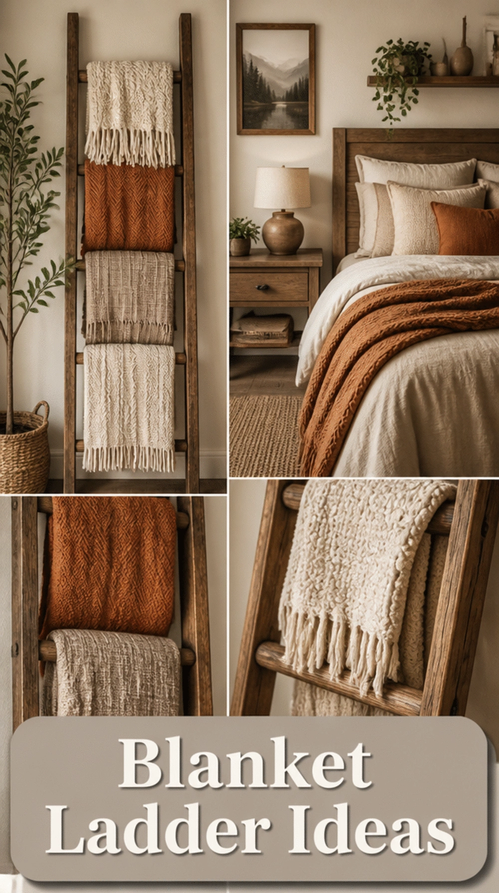 Bedroom Wooden Blanket Ladder That Displays Extra Throws in a Cozy Corner