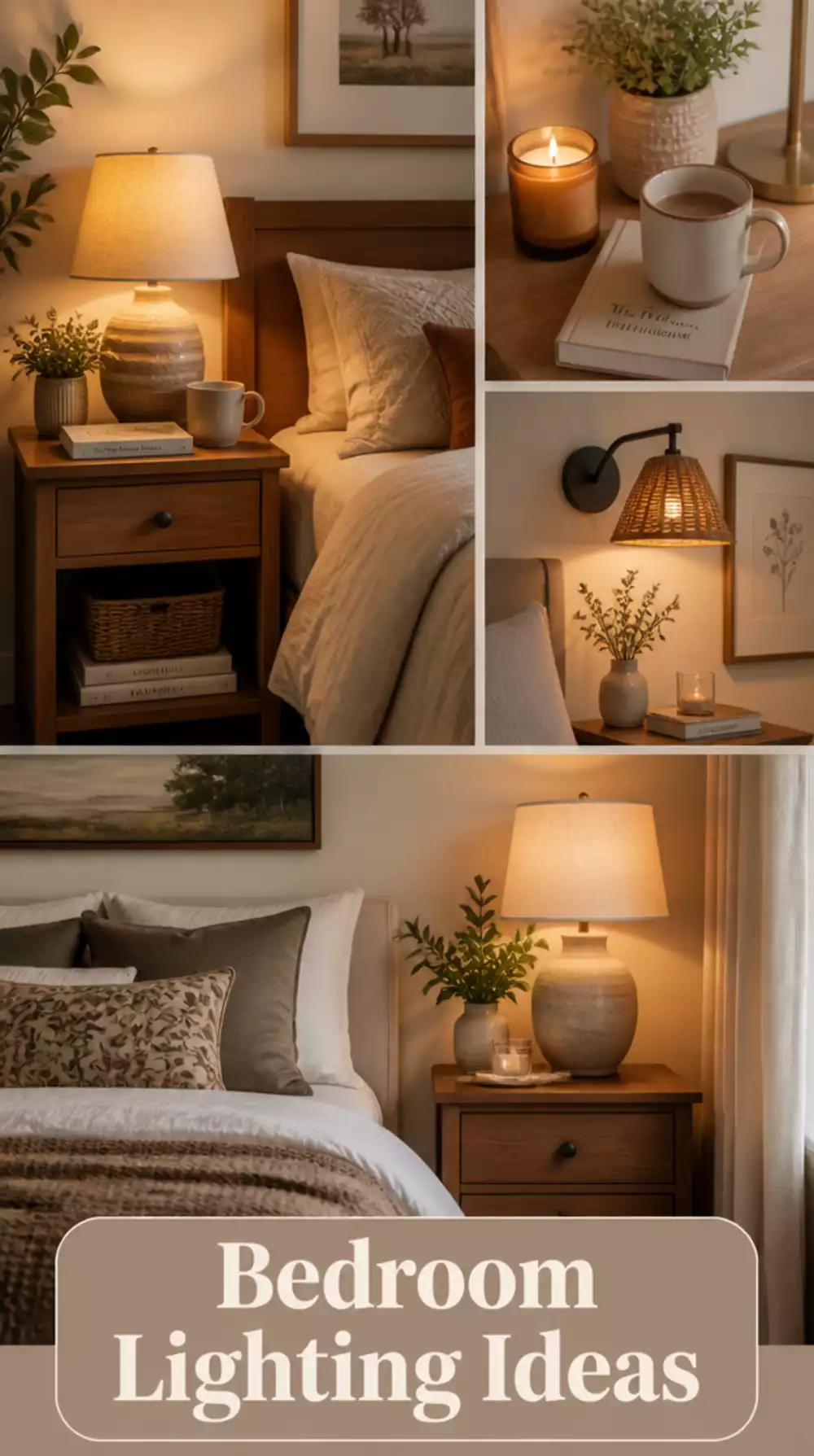 Wooden Bedside Table with a Single Warm Lamp