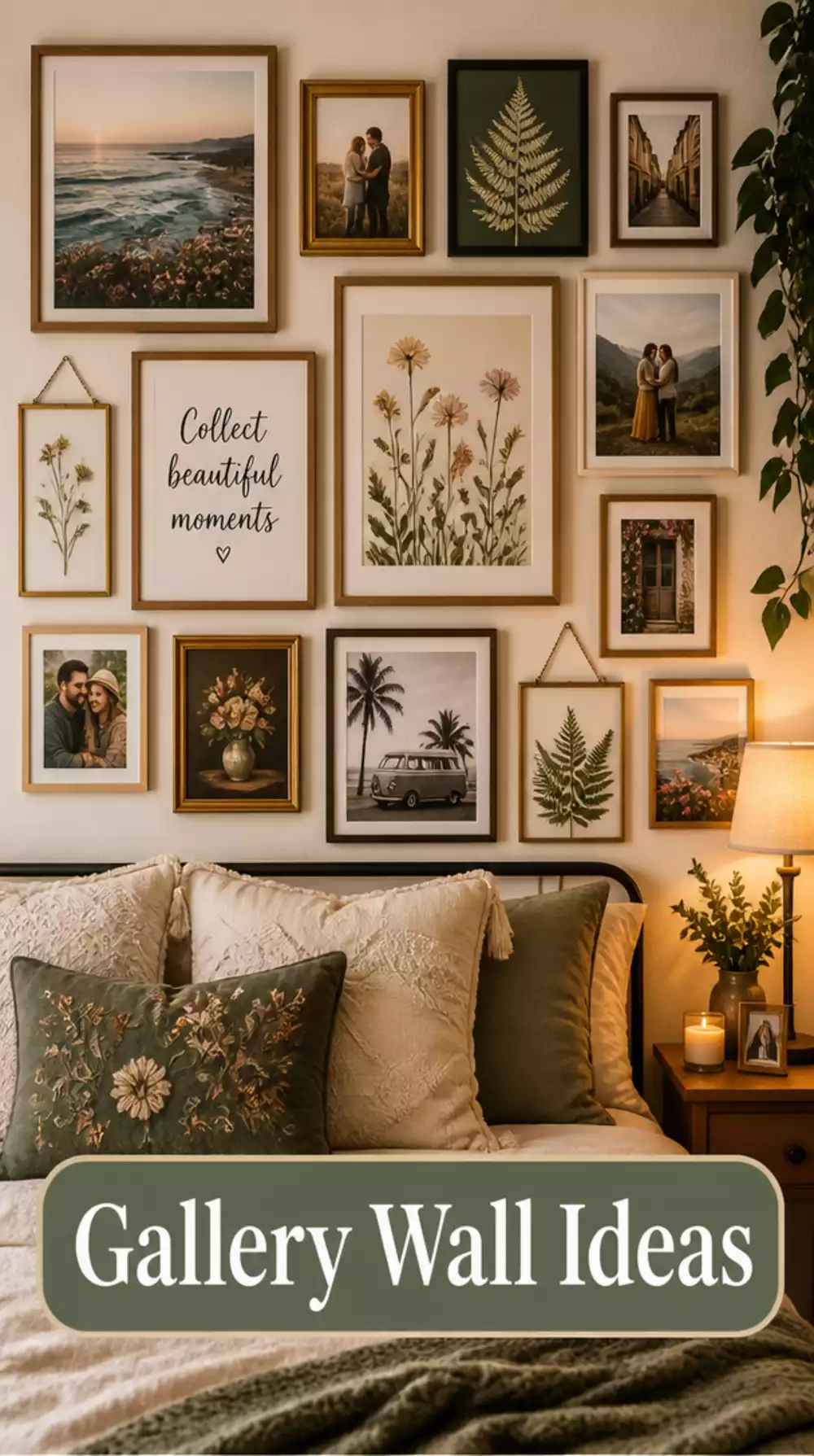 Bedroom Gallery Wall Mix of Photos- Art- and Pressed Botanical Frames