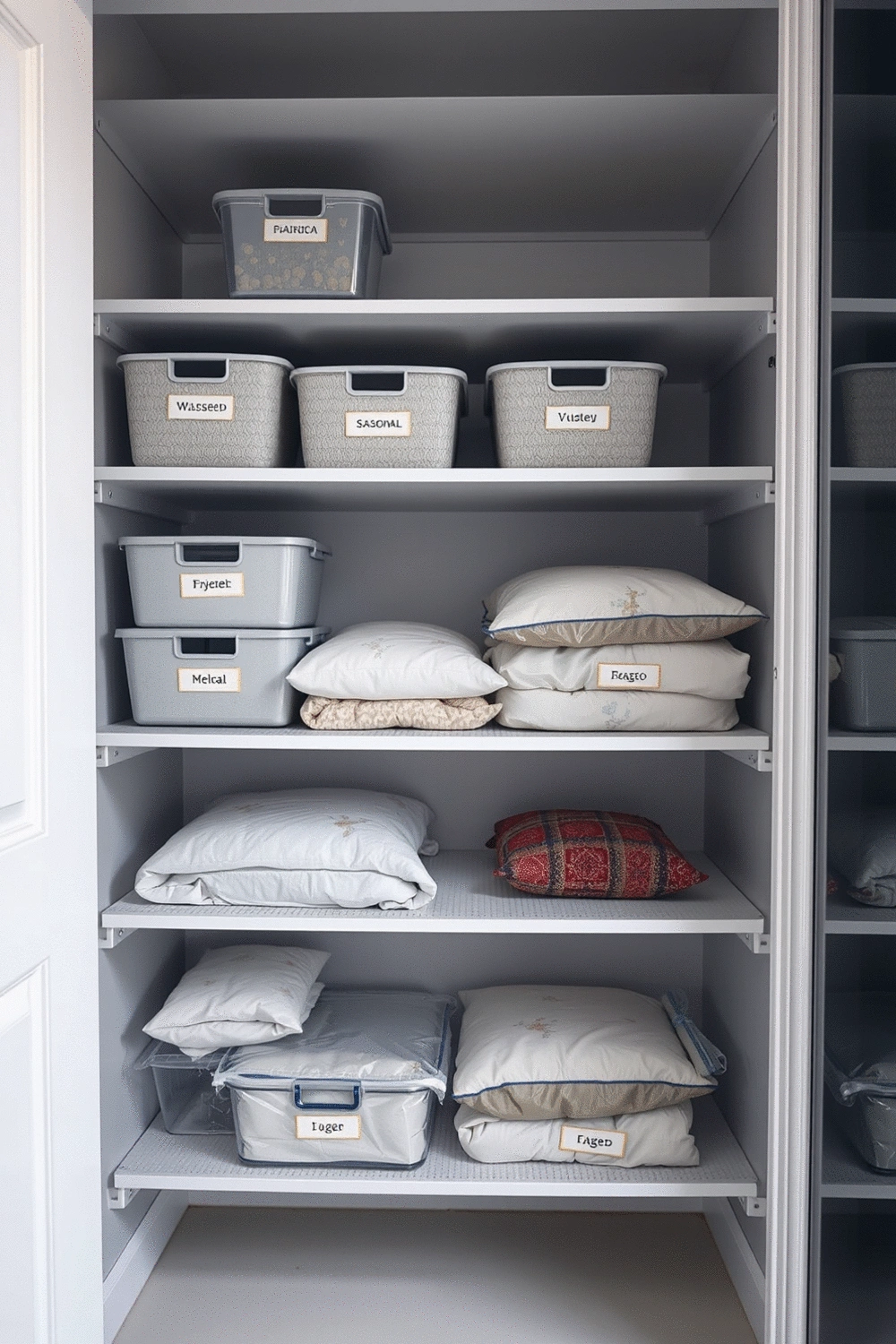 A neatly organized linen closet or storage shelf with labeled bins and vacuum-sealed bags of seasonal bedding, showcasing efficient storage solutions.