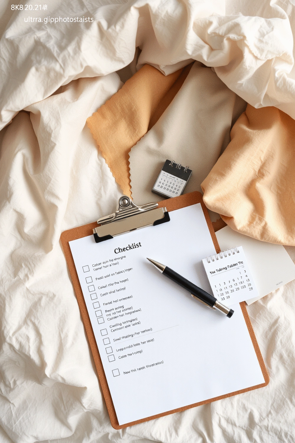 A neatly organized checklist on a clipboard with a pen, surrounded by various bedding fabric swatches and a small calendar, indicating careful planning and trial periods. Soft, overhead lighting.