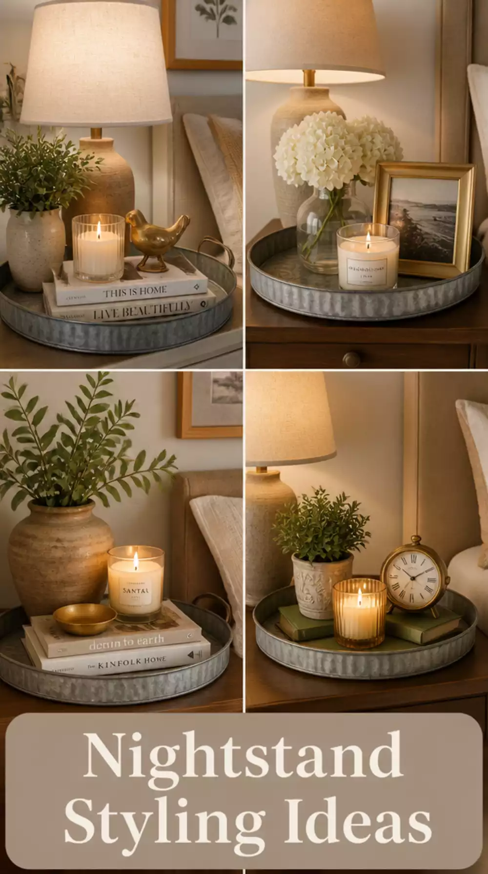 Farmhouse Bedroom Galvanized Metal Tray Nightstand Styling with Candles