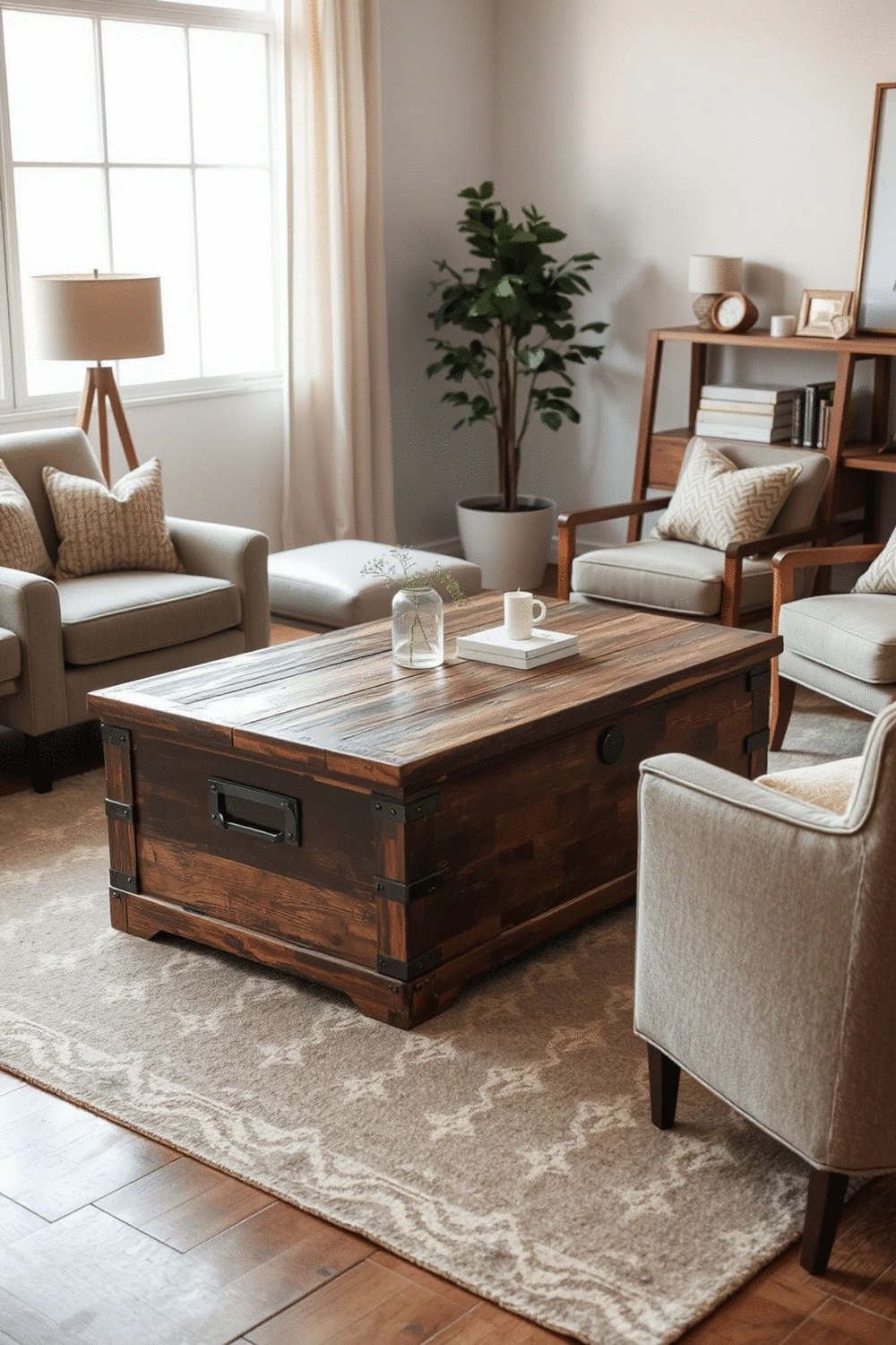 A rustic wooden chest acting as a coffee table in a living room, surrounded by modern upholstered chairs and a minimalist rug, showcasing successful budget-friendly vintage-modern blending.