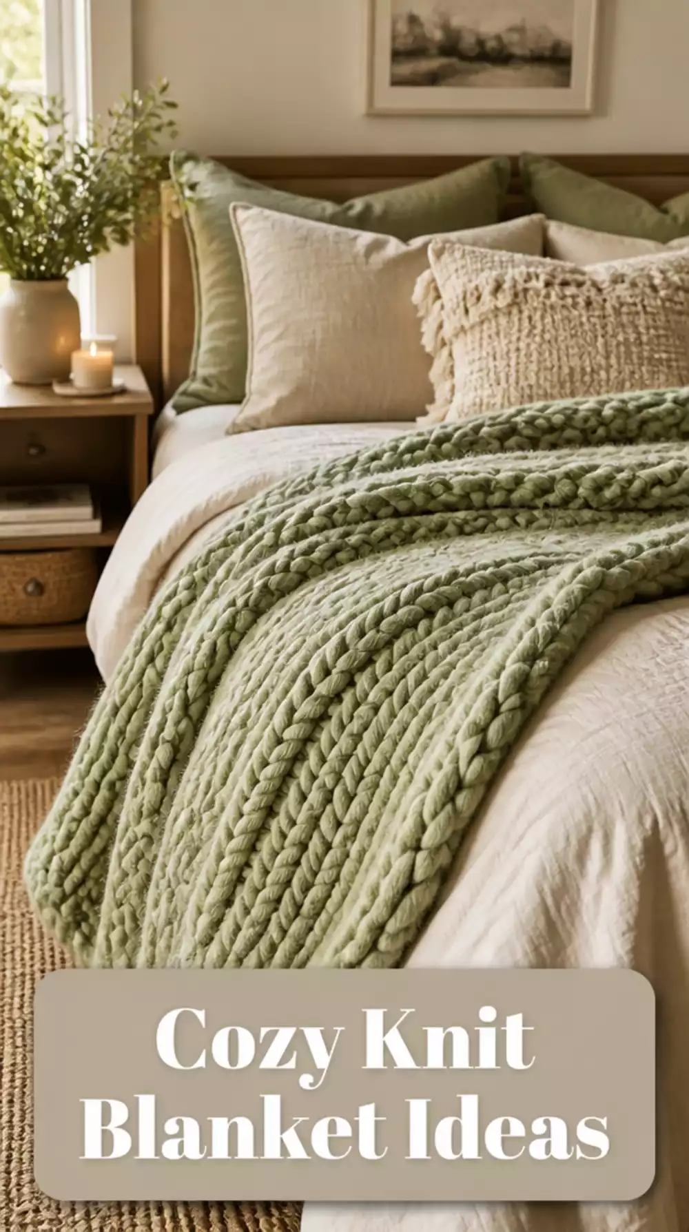 Bedroom Chunky Knit Blanket Draped Over the Corner of the Bed