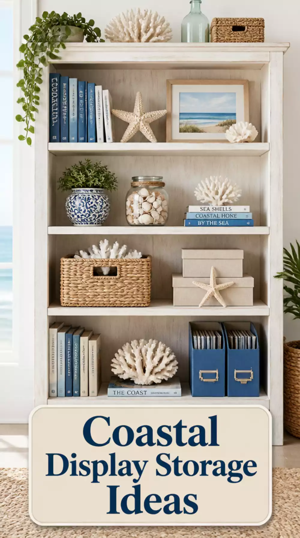 Bedroom Freestanding Whitewashed Shelving Unit for Coastal Display Storage