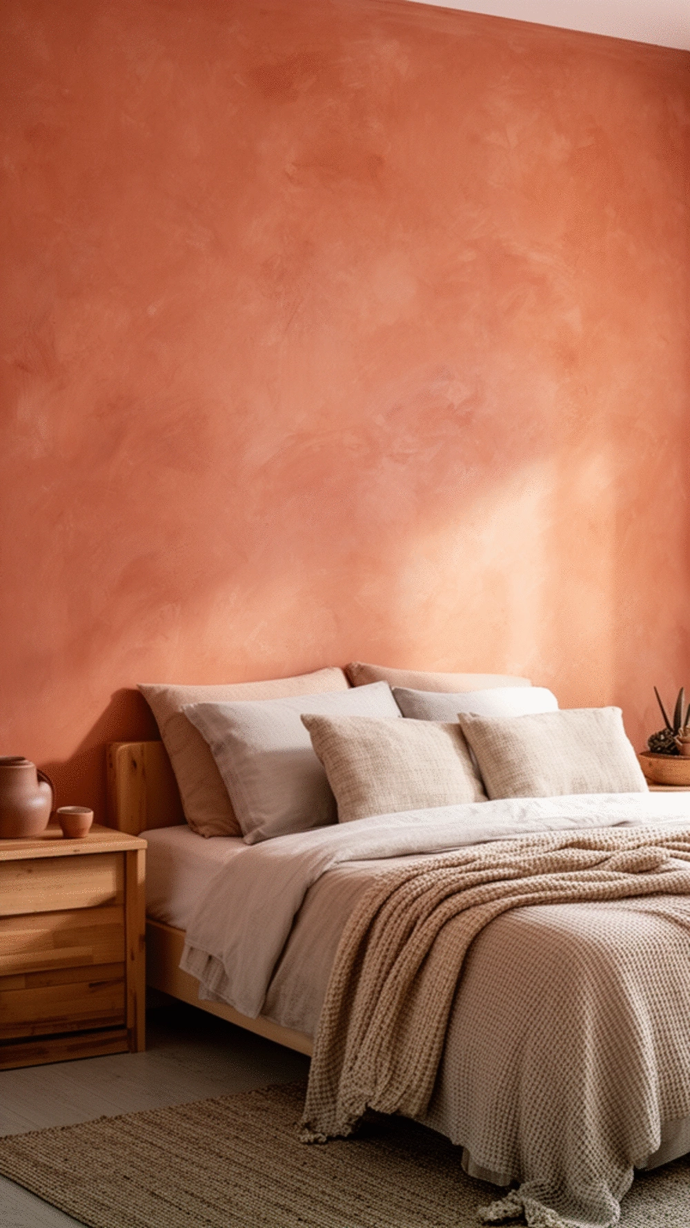 Bedroom Terracotta Wall Paint in a Warm Clay Tone Behind the Bed