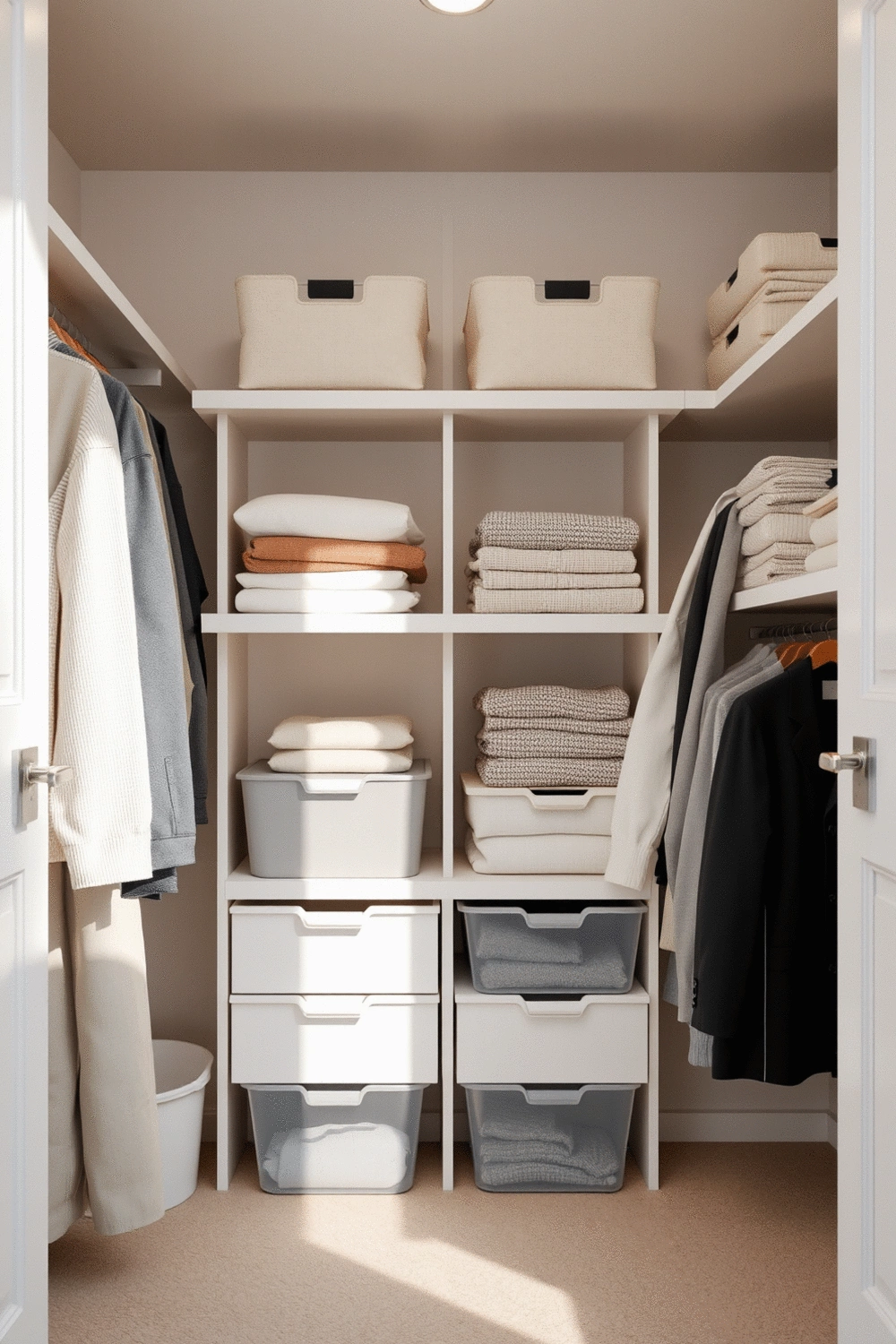 An impeccably organized closet interior with neatly folded clothes and storage boxes, bathed in soft, natural light, promoting a sense of calm and order.
