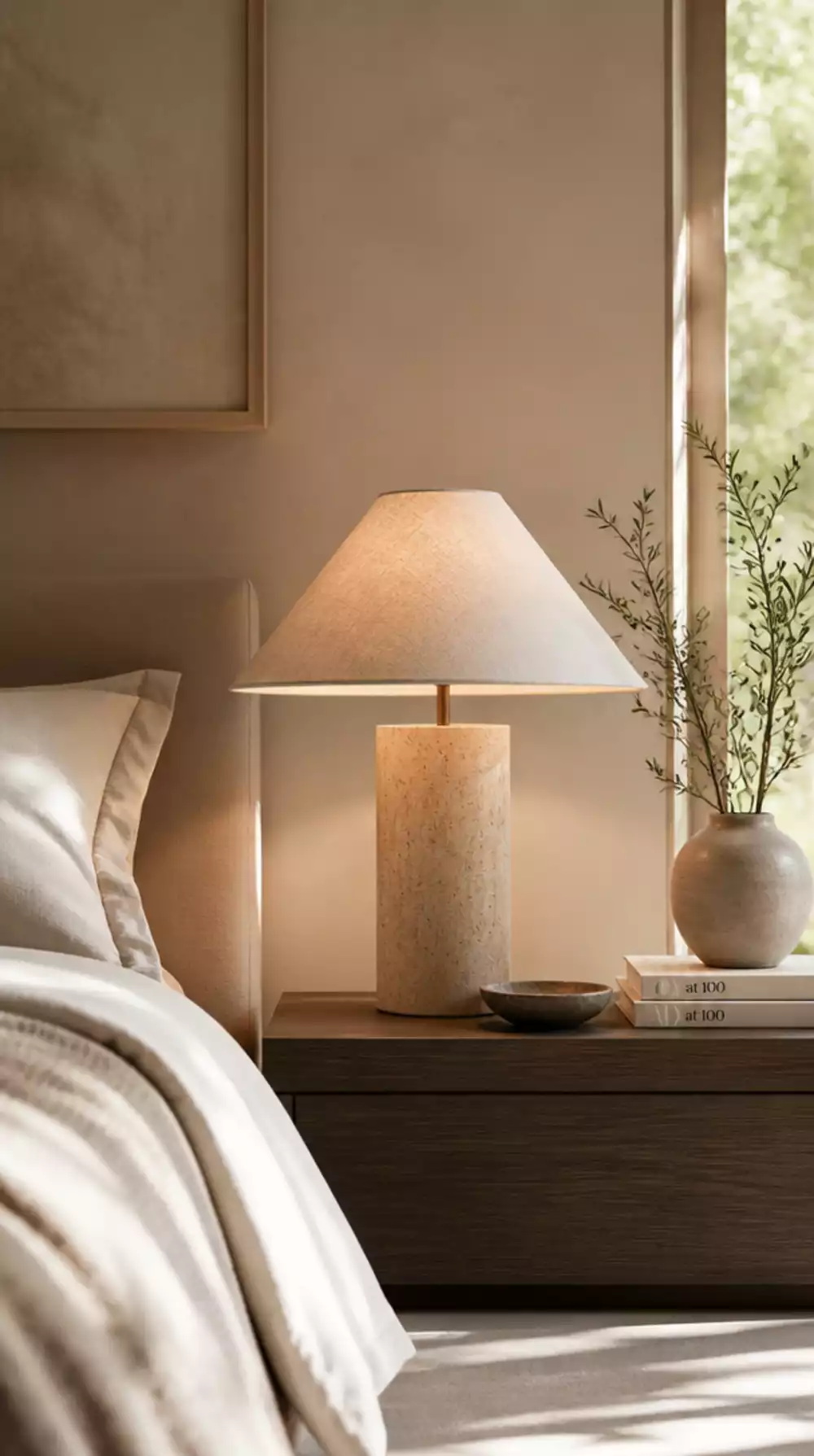 Quiet Luxury Bedroom Travertine Stone Lamp Base on a Low Nightstand