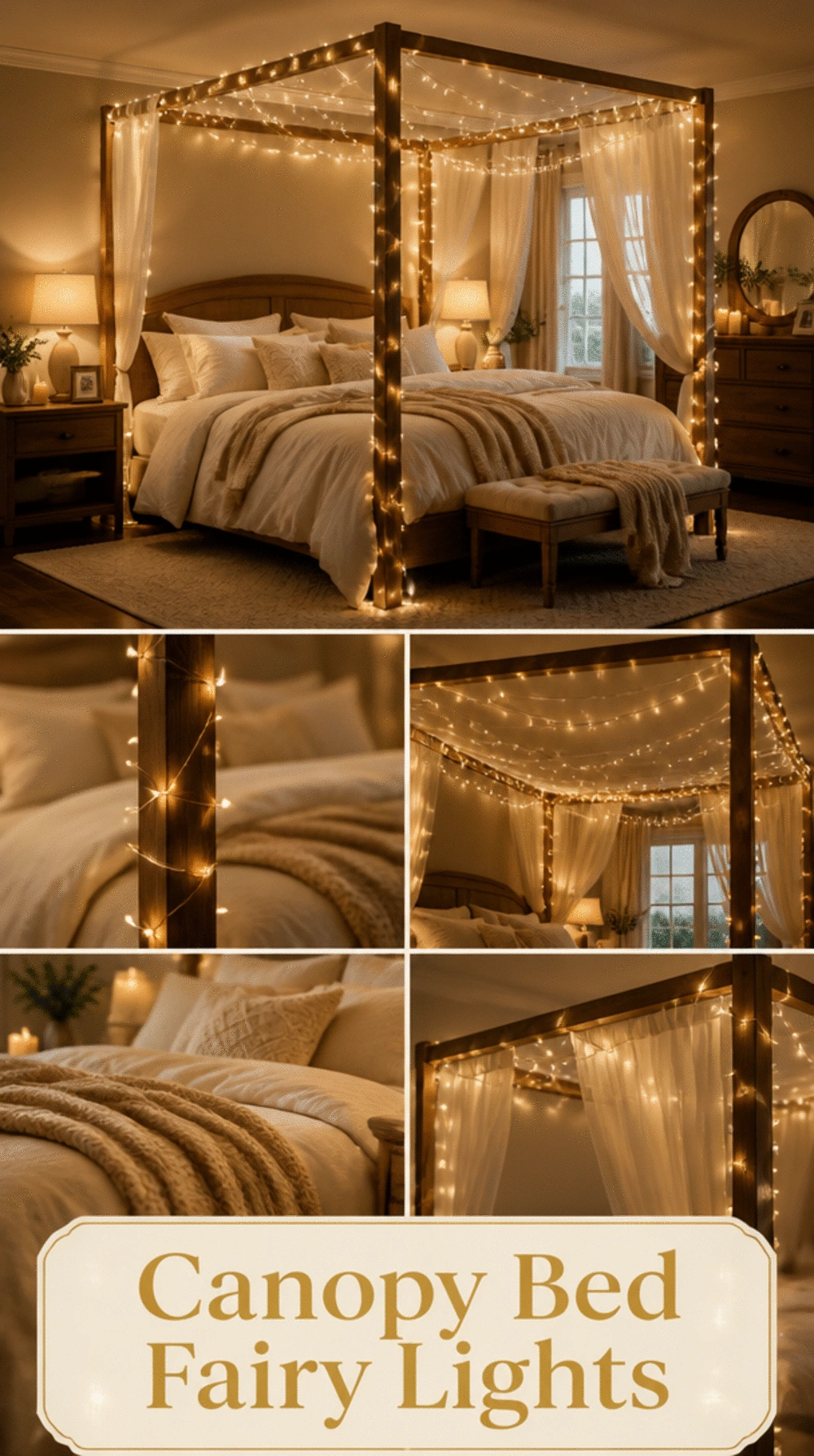 Canopy Bed Fairy Lights Draped Over a Four-Poster Frame