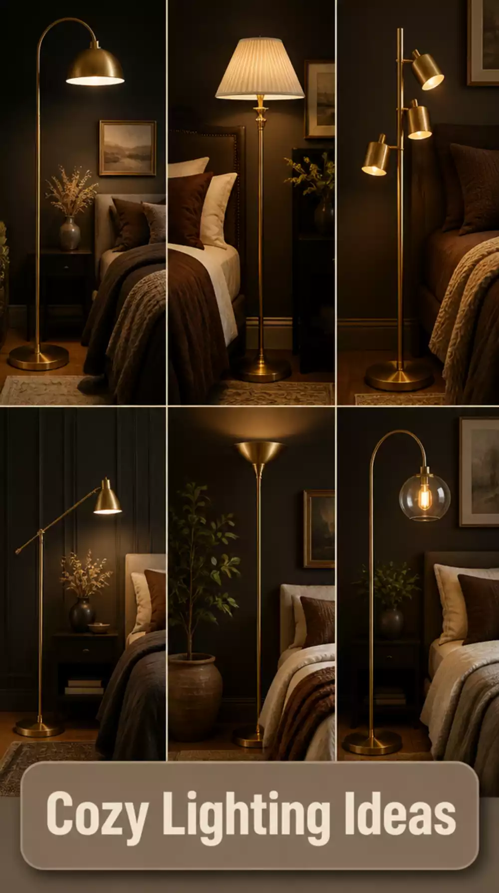 Dark Bedroom Brass Floor Lamp That Adds a Warm Glow Against Dark Walls