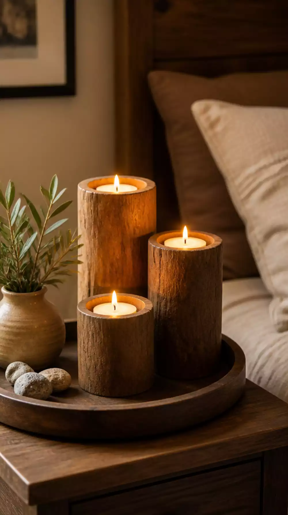 Bedroom Simple Wooden Candle Holder Cluster on a Low Nightstand Tray