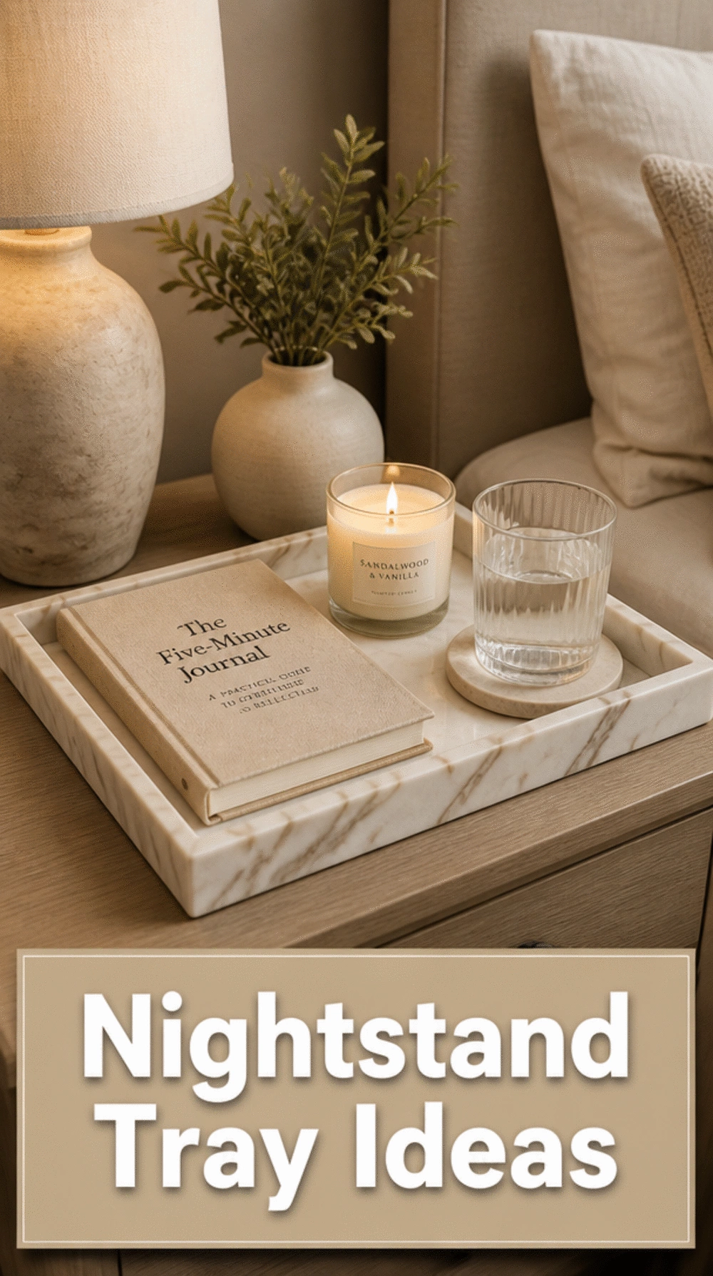 Bedroom Nightstand Tray in Warm Wood or Marble That Corrals Bedside Essentials