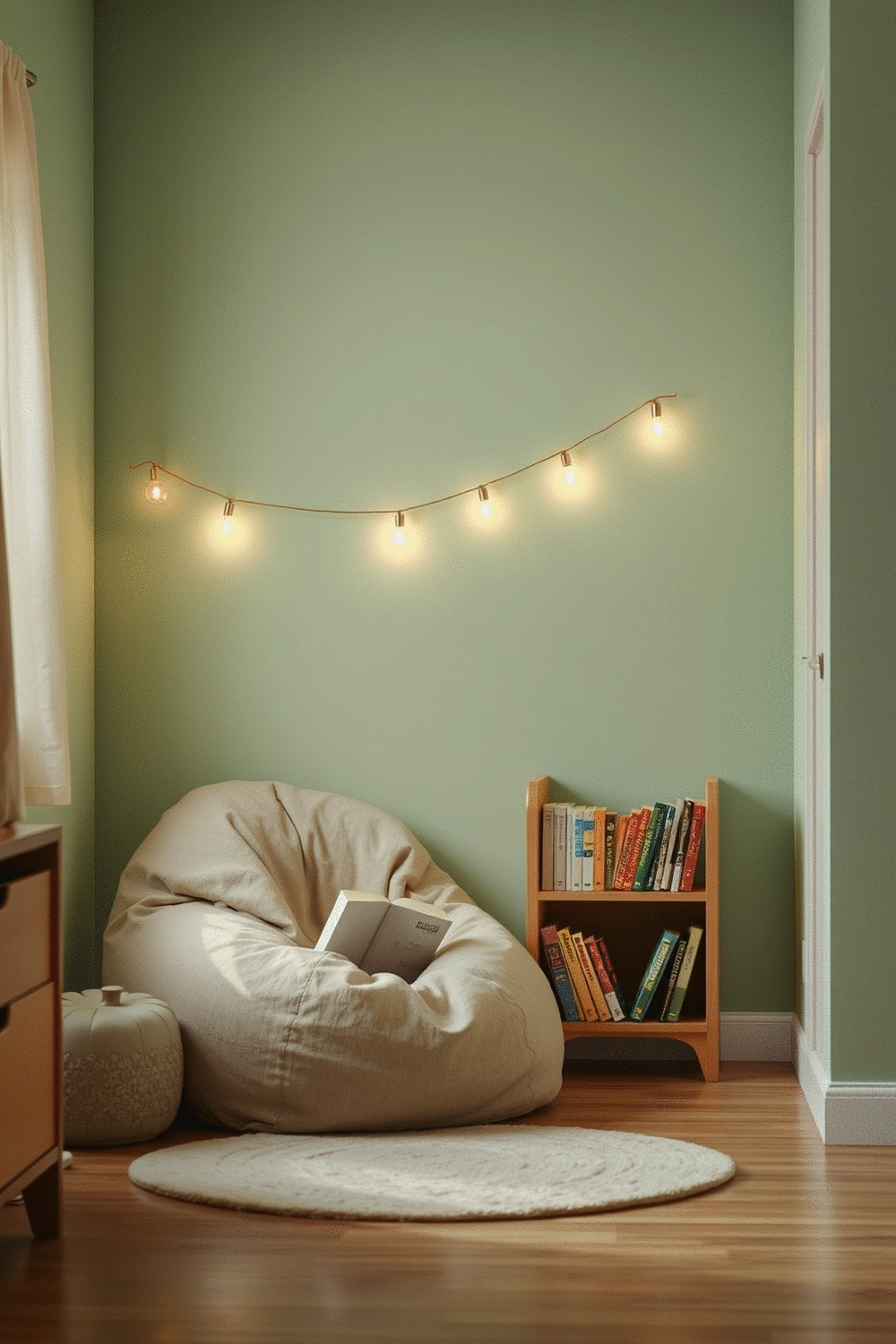 A cozy reading nook in a child's bedroom, featuring a comfortable bean bag, a small wooden bookshelf filled with colorful books, and a warm, soft glow from a string of fairy lights. The background is a soft green wall.