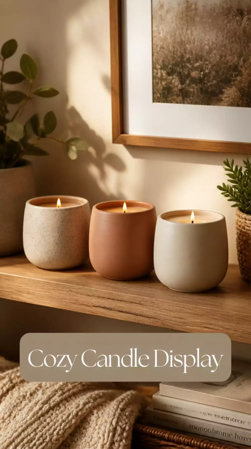 Cozy Bedroom Shelf with Matte Ceramic Candle Trio
