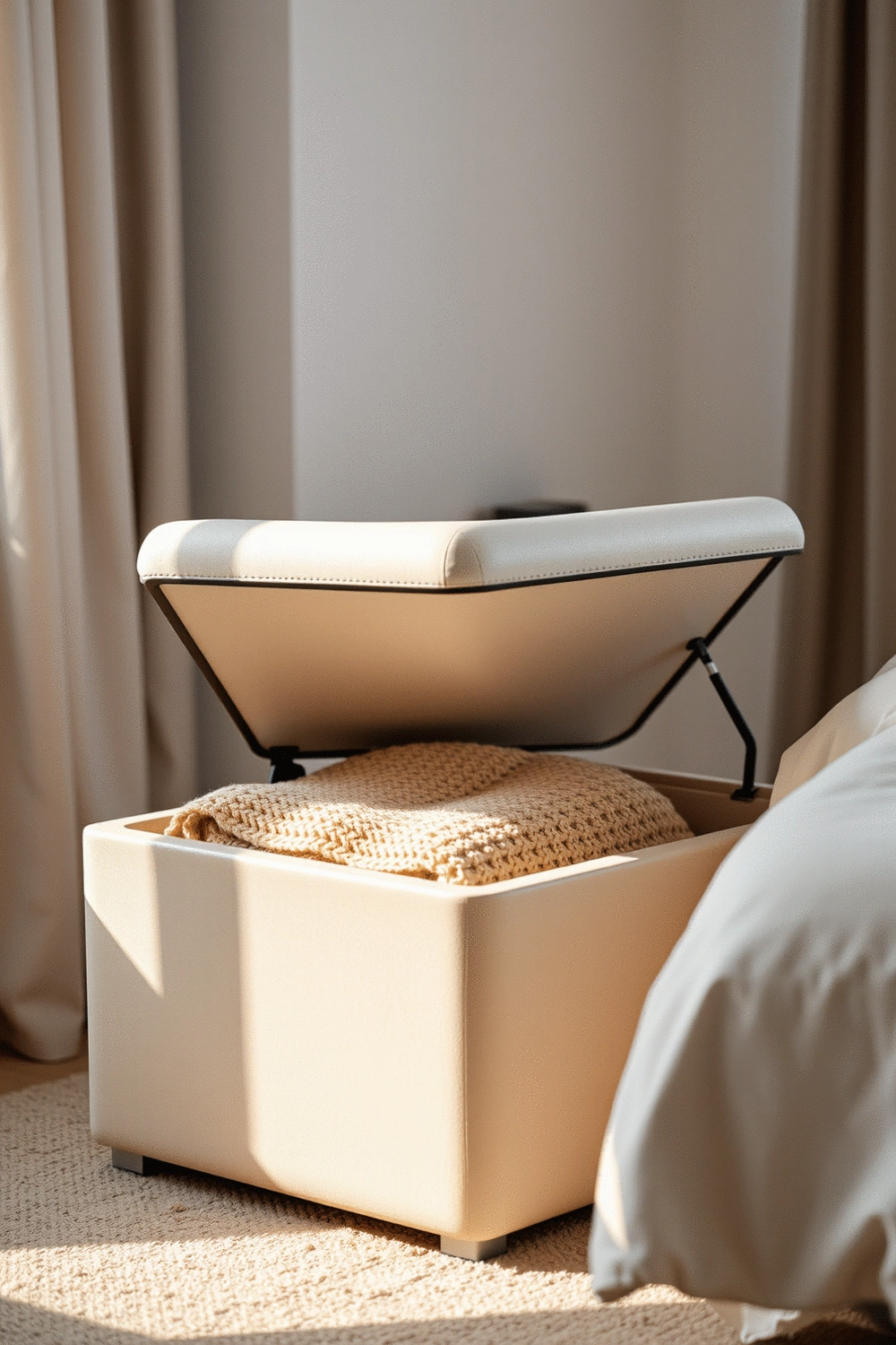A modern storage ottoman in a cozy bedroom, featuring a warm knitted blanket peeking out from its interior, with soft, diffused lighting highlighting its texture.