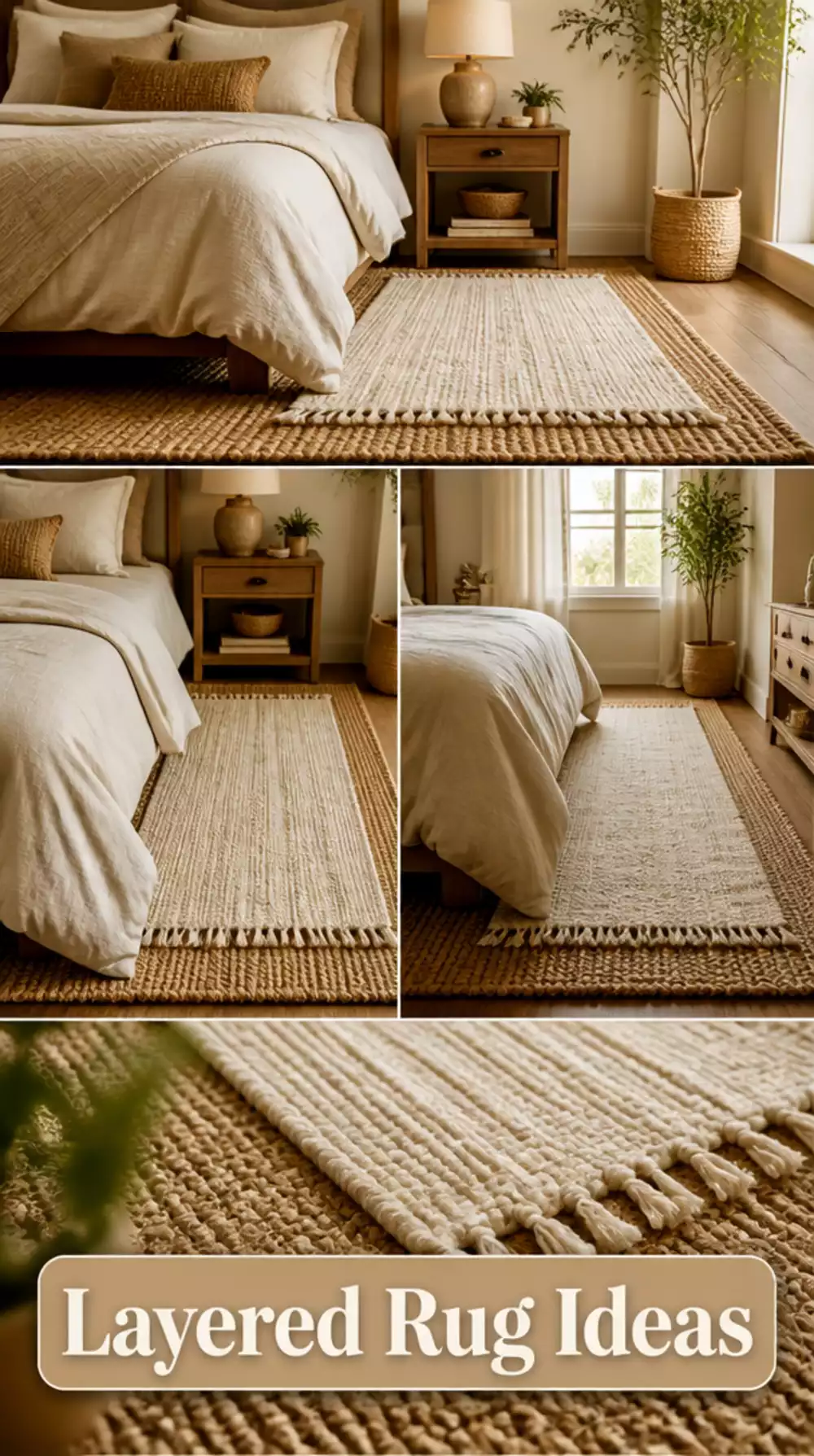 Bedroom Layered Jute Rug Under a Softer Woven Cotton Runner Beside the Bed