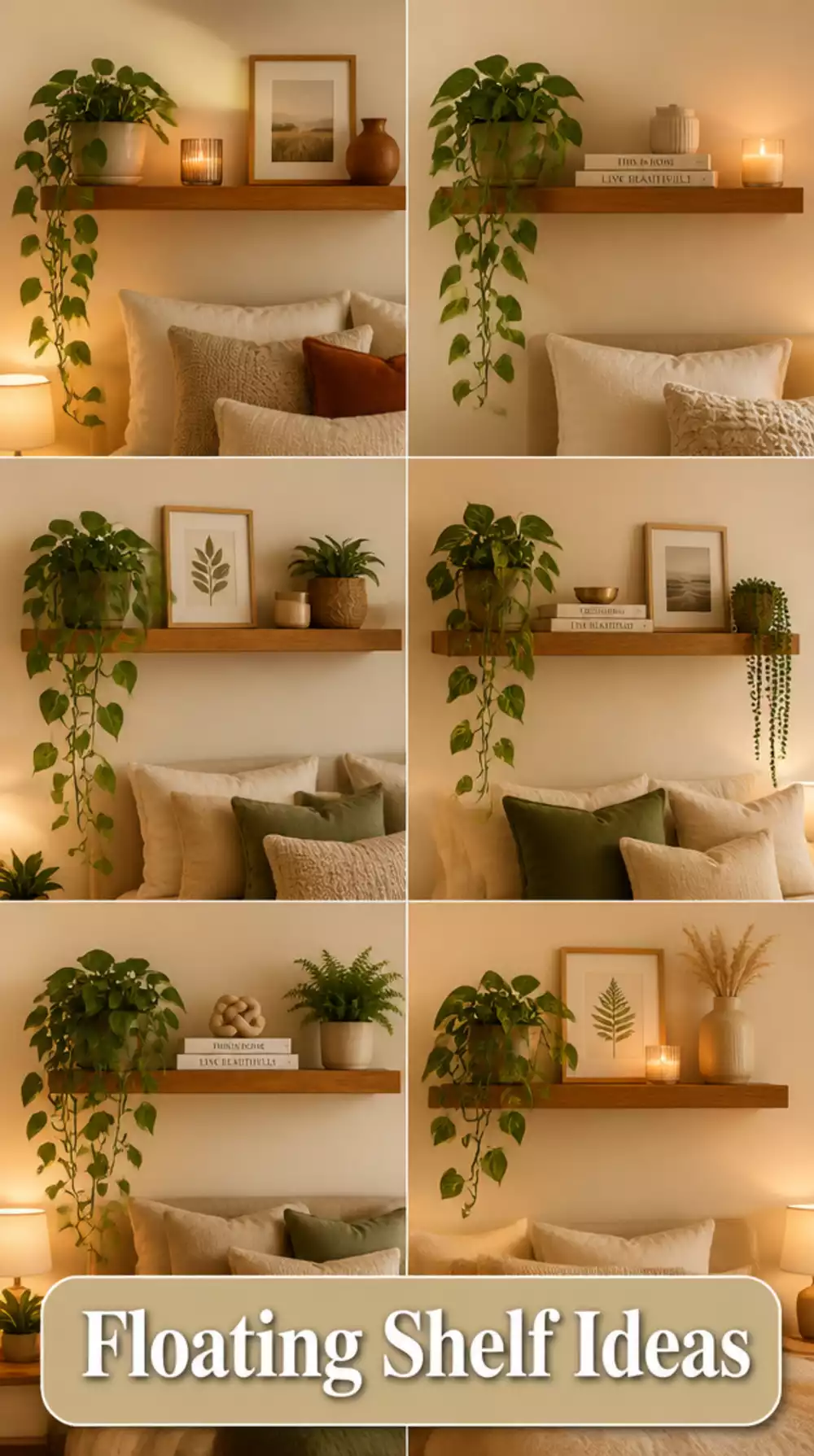 Bedroom Wooden Floating Shelf Styled with Trailing Pothos Plant