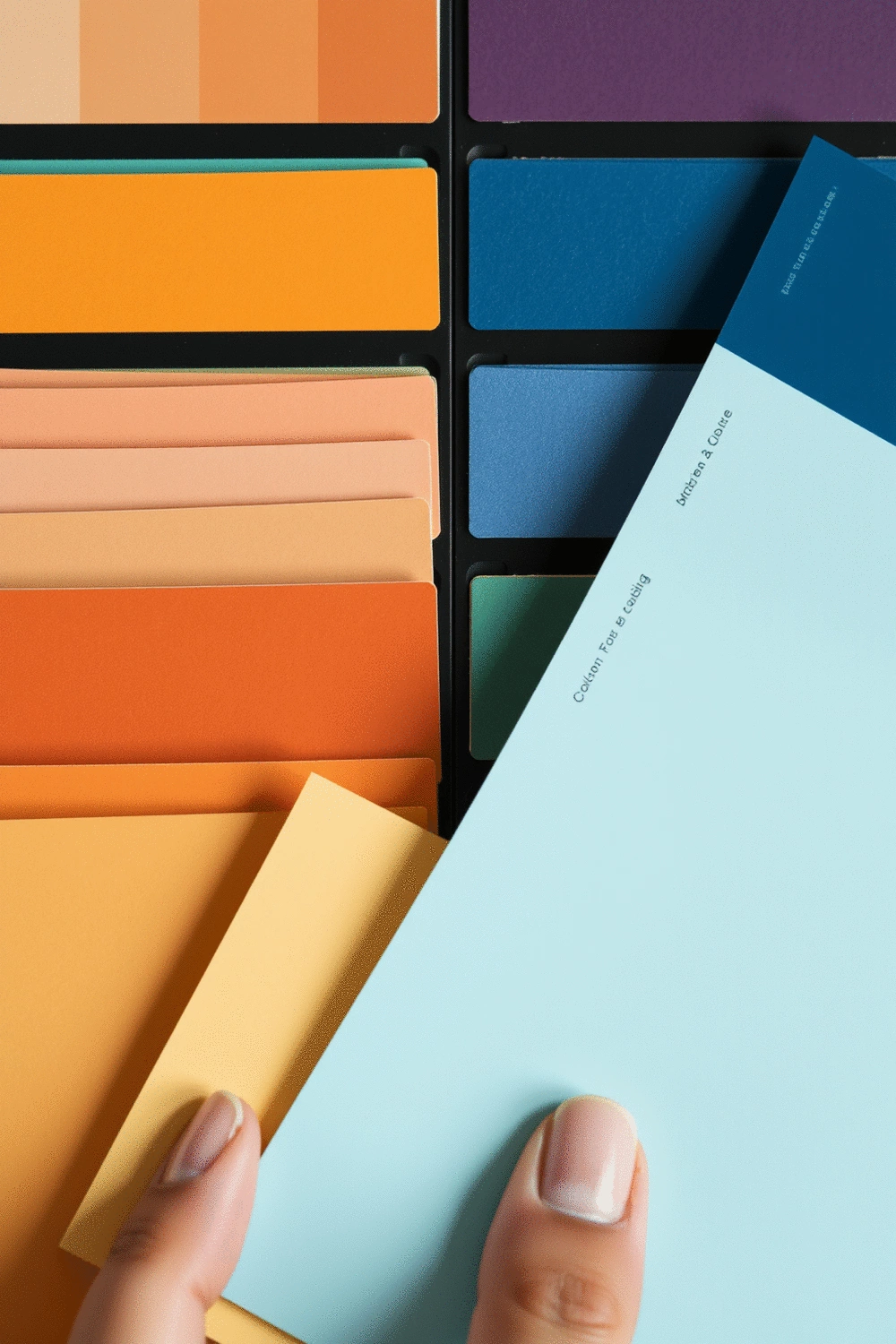 Close-up of a color swatch palette with various cool and warm tones, illustrating color psychology concepts.