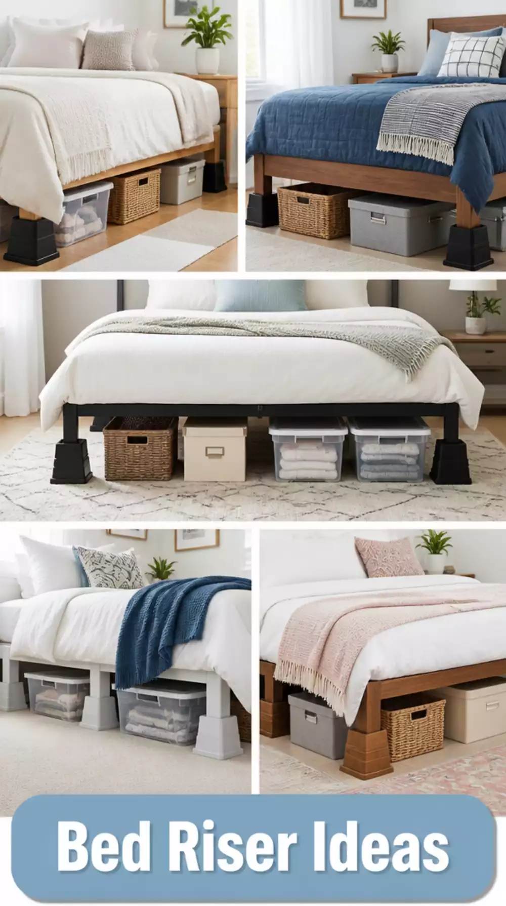Bedroom Bed Riser Set That Lifts the Frame Enough to Fit Taller Storage Below