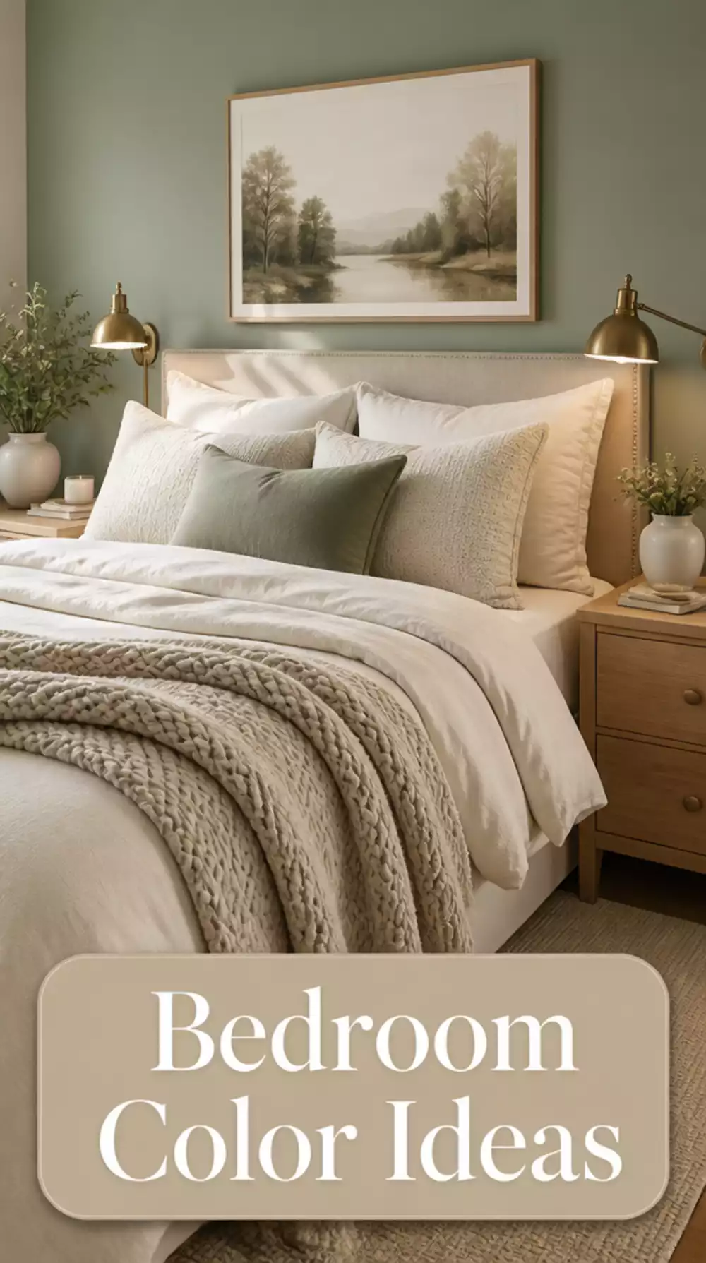 Bedroom Sage Green Wall Paired with Ivory Bedding and Warm Brass Lamps