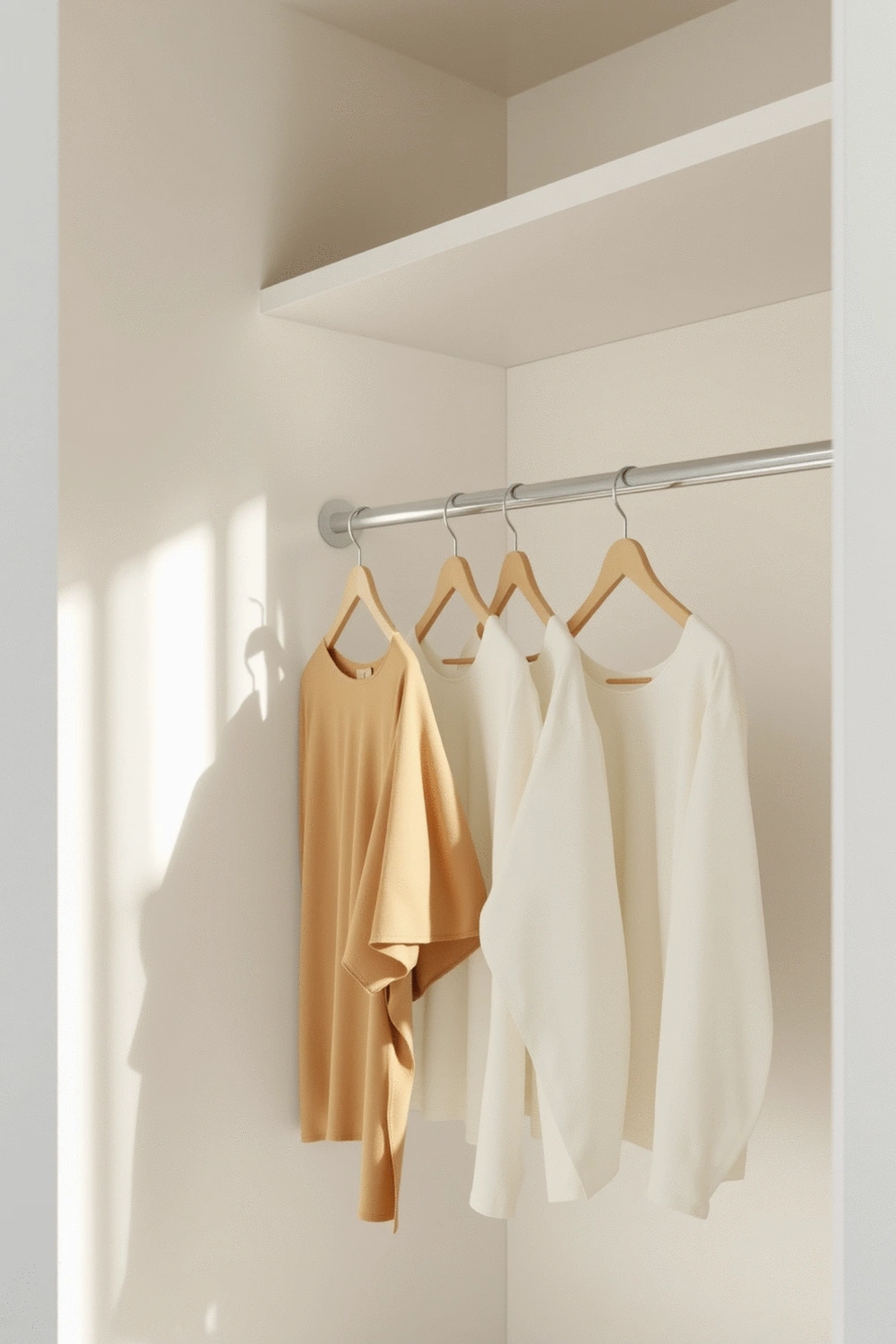 A minimalist closet interior with uniform hangers holding a few essential garments, showcasing a clean and tranquil aesthetic, bathed in soft, diffused light.
