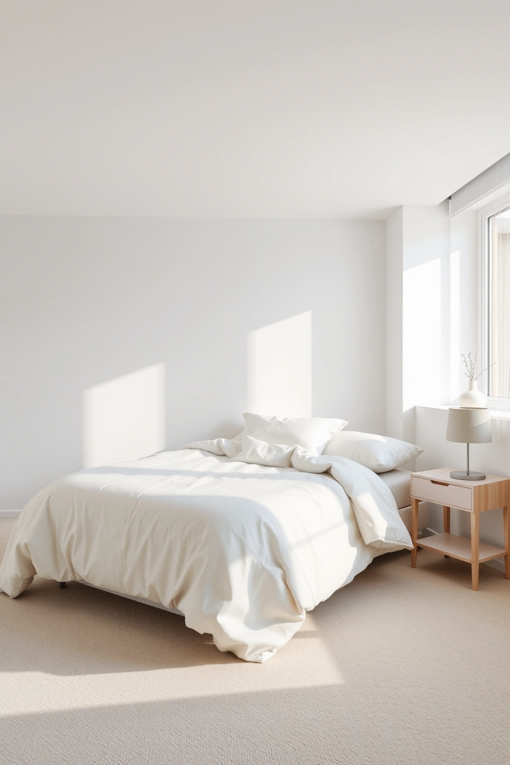 A minimalist bedroom with soft, neutral colors and natural light, featuring a neatly made bed with plush bedding and a simple nightstand with a subtle lamp.