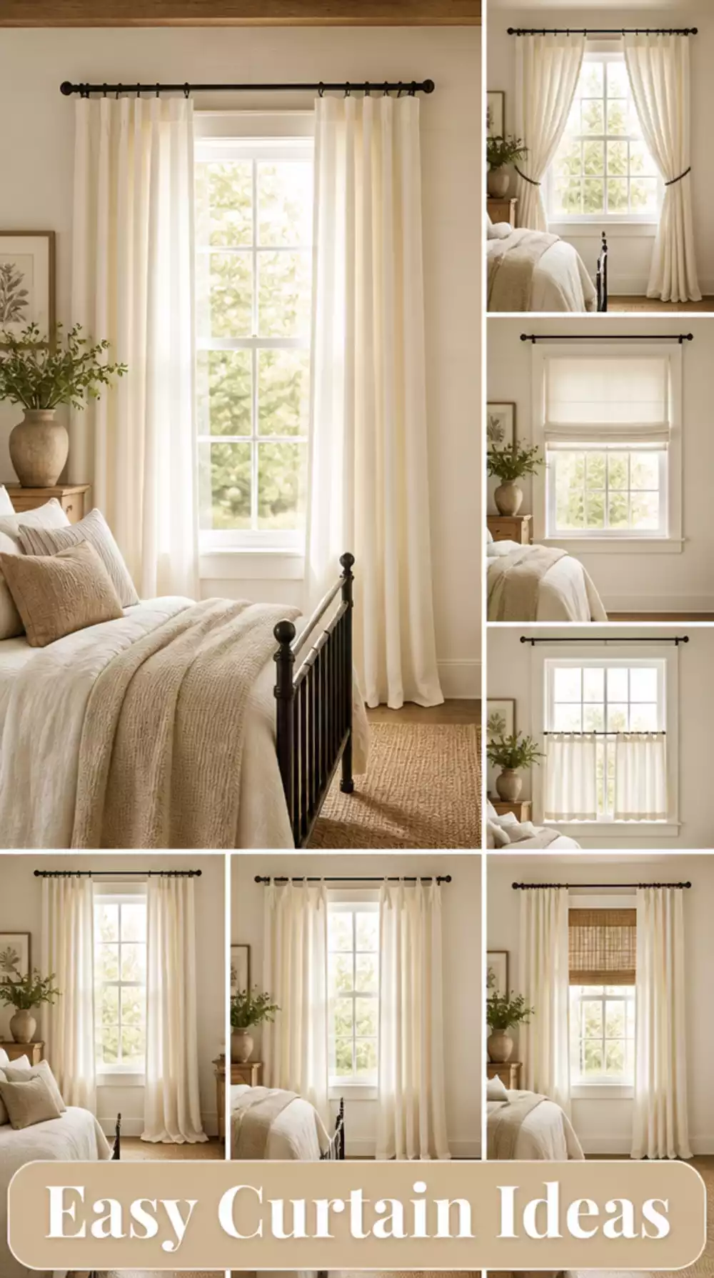 Bedroom Simple Black Iron Curtain Rod with White Linen Panel Beneath