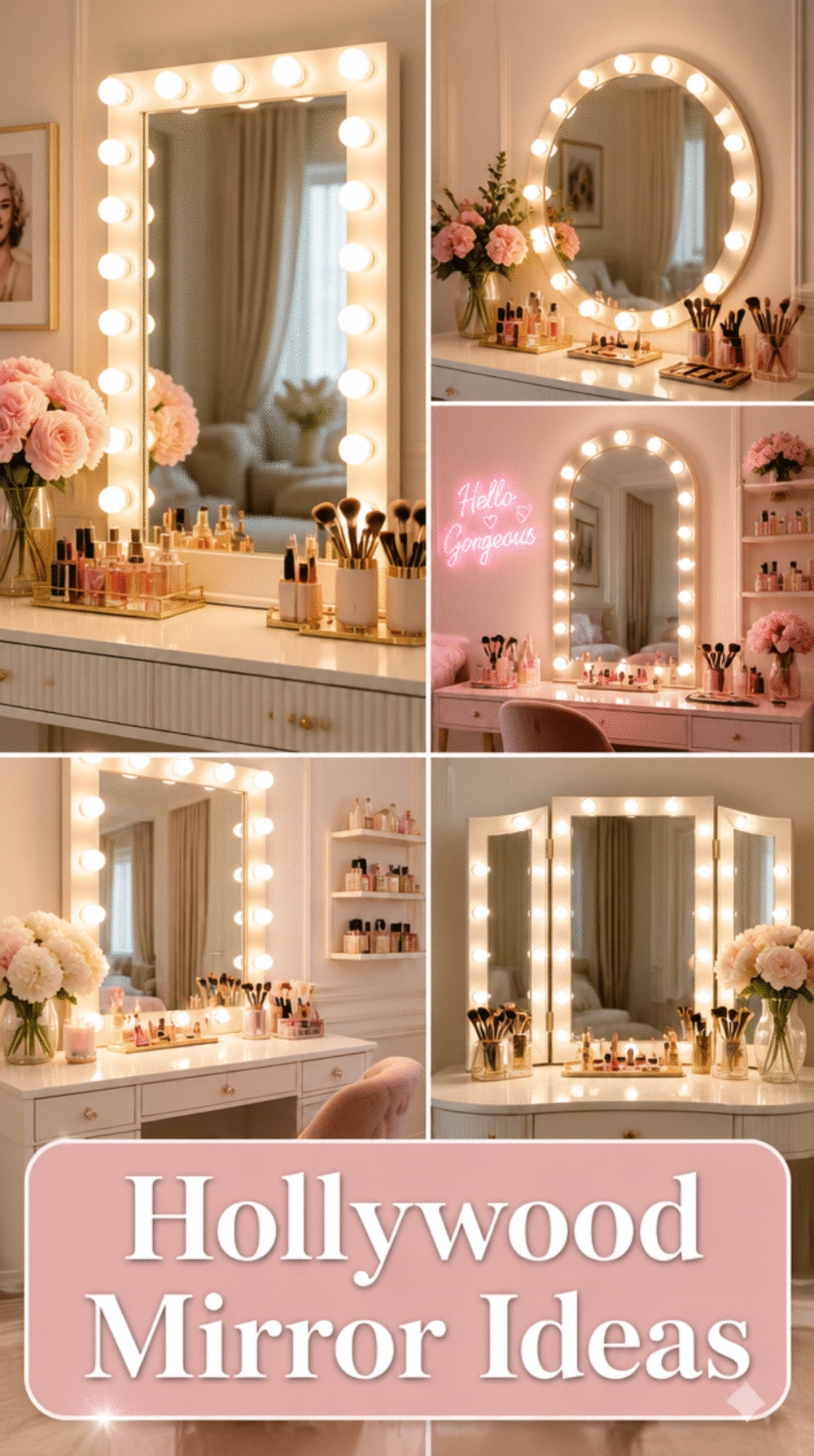 Bedroom Vanity Hollywood Mirror with Built-In Warm LED Bulbs Around the Frame