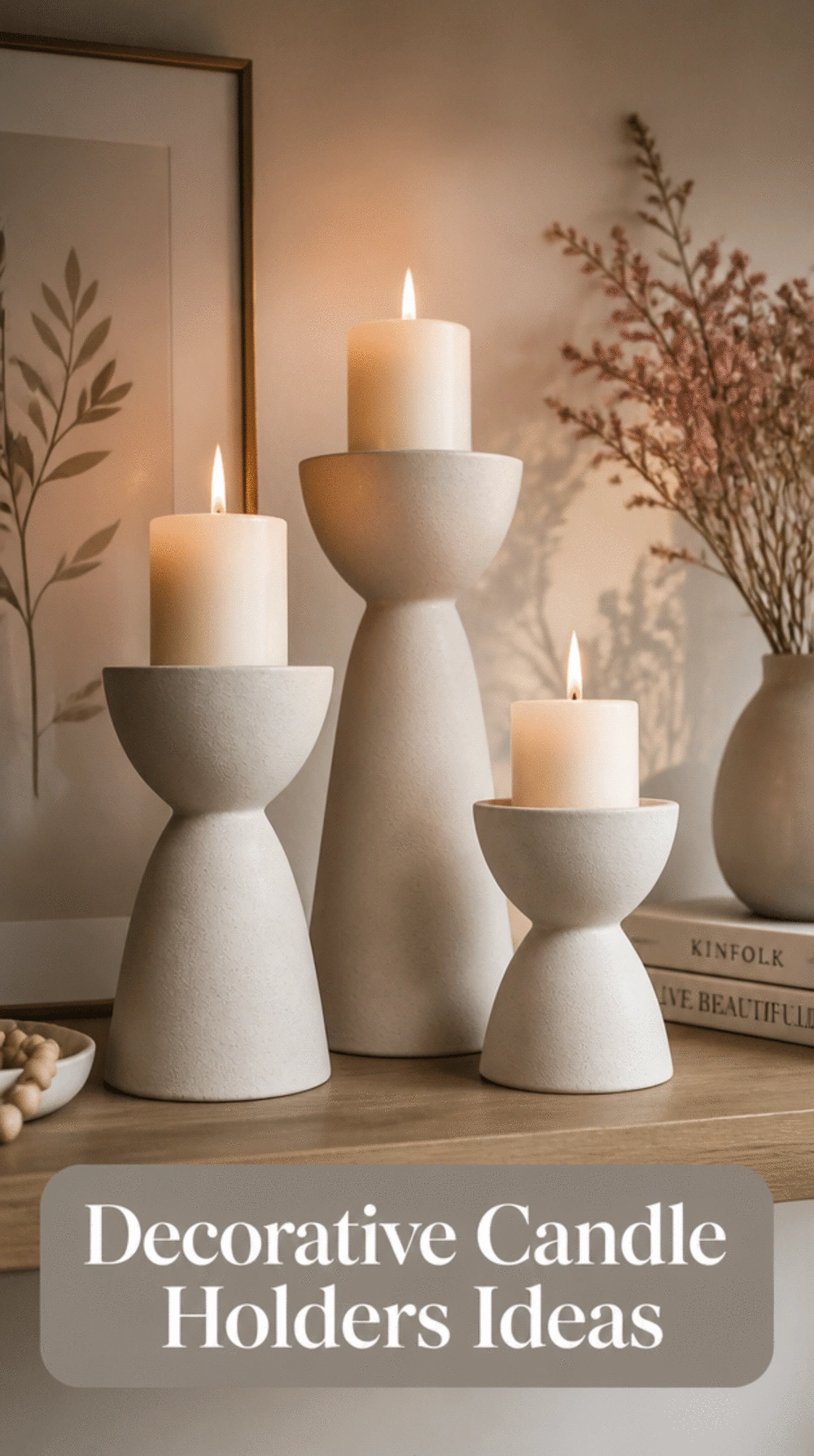 Bedroom Decorative Candle Holder Trio in Matte Ceramic on a Floating Shelf