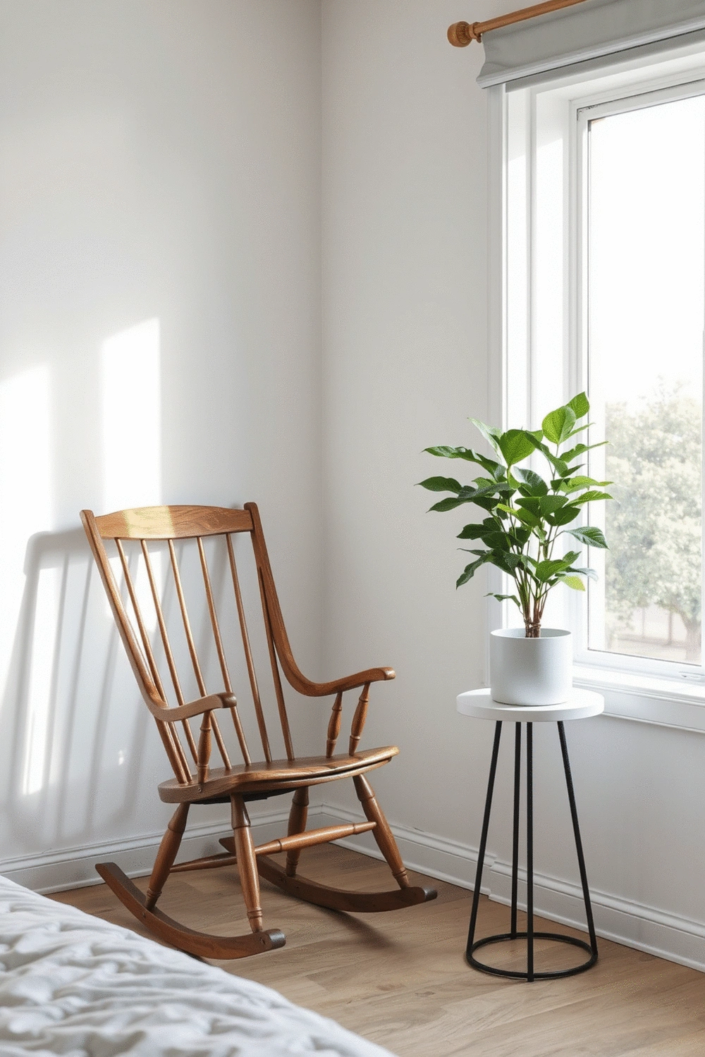 A serene bedroom corner with a vintage wooden rocking chair, a modern minimalist plant stand with a lush green plant, and soft natural light filtering through a window, emphasizing comfort and functionality.