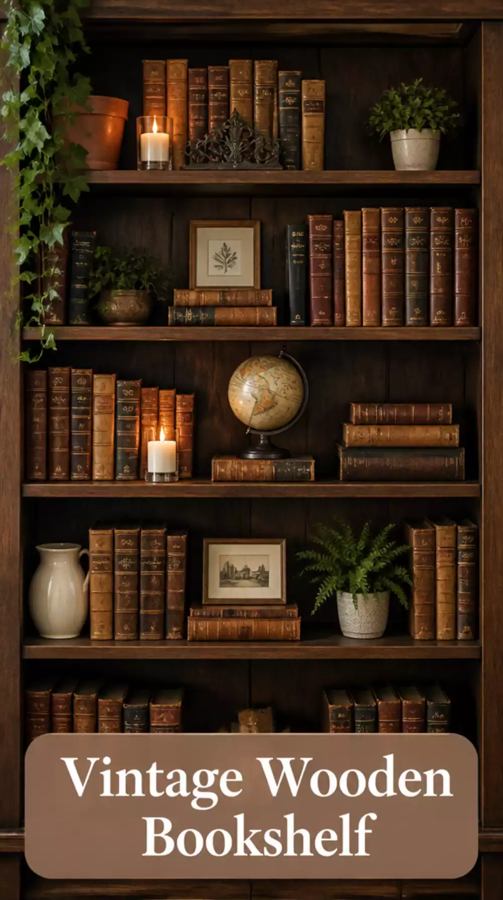 Bedroom Dark Academia Wooden Bookshelf Filled with Stacked Vintage Books