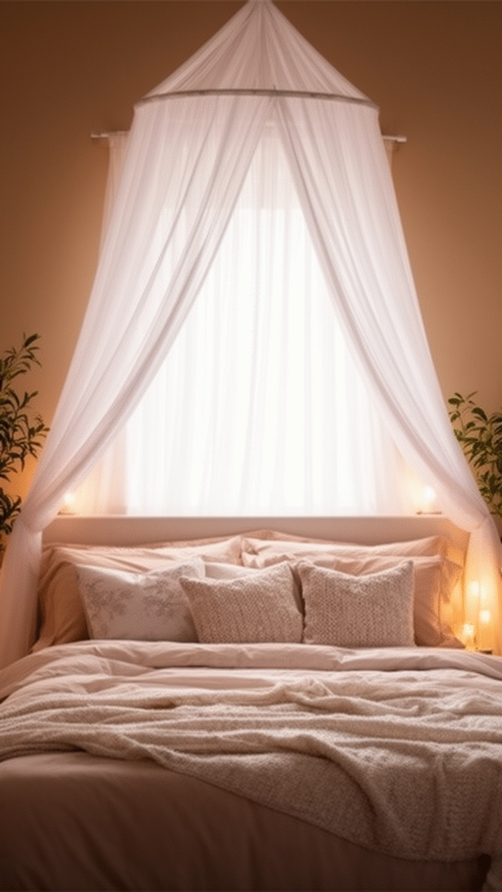 Bedroom Ceiling Canopy Frame Above the Bed with Draped Sheer Fabric