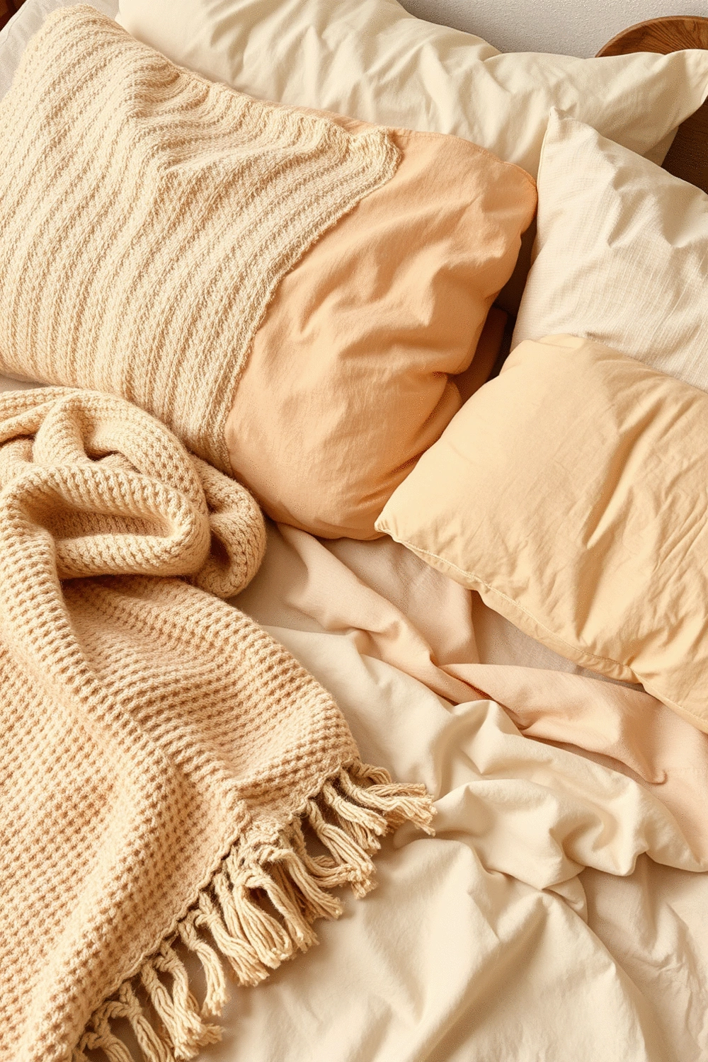 Close-up of a bed with various textured fabrics like a knitted throw, linen sheets, and plush pillows in warm, neutral tones, with a wooden accent piece nearby.