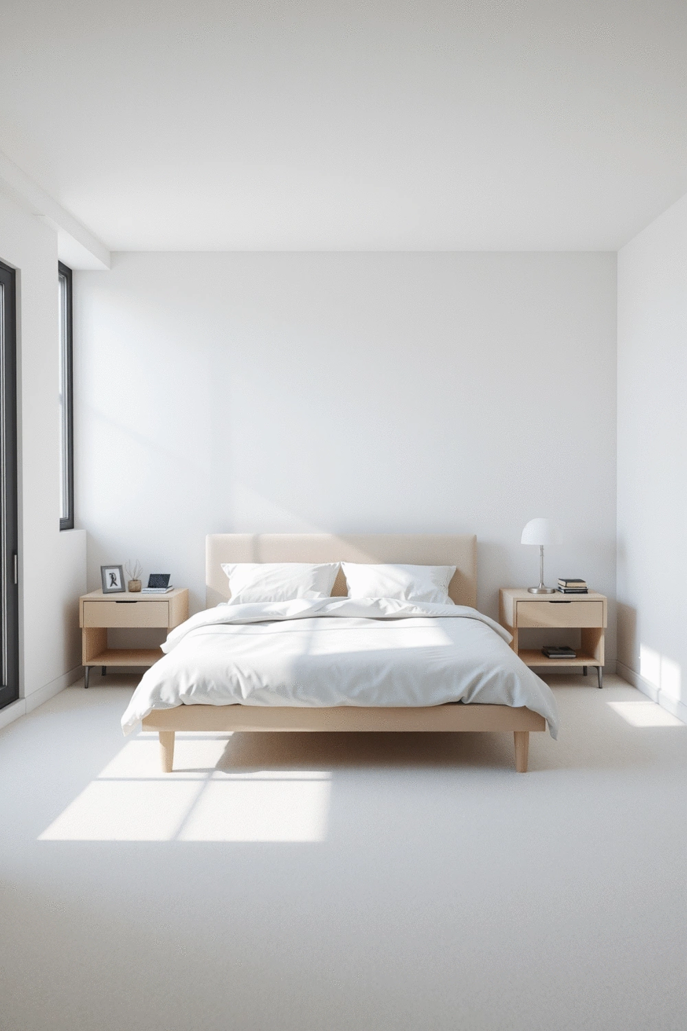 A minimalist bedroom interior with a neatly made bed, simple nightstands, and clutter-free surfaces, emphasizing a serene and organized atmosphere.