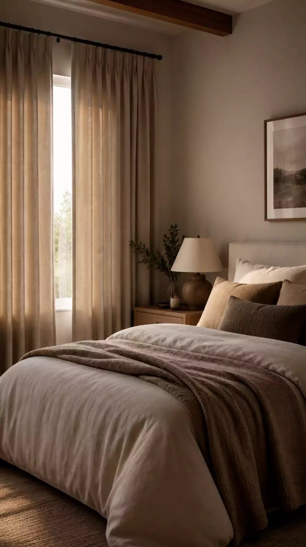 Bedroom Blackout Curtain in Warm Oatmeal Linen That Blocks Morning Light